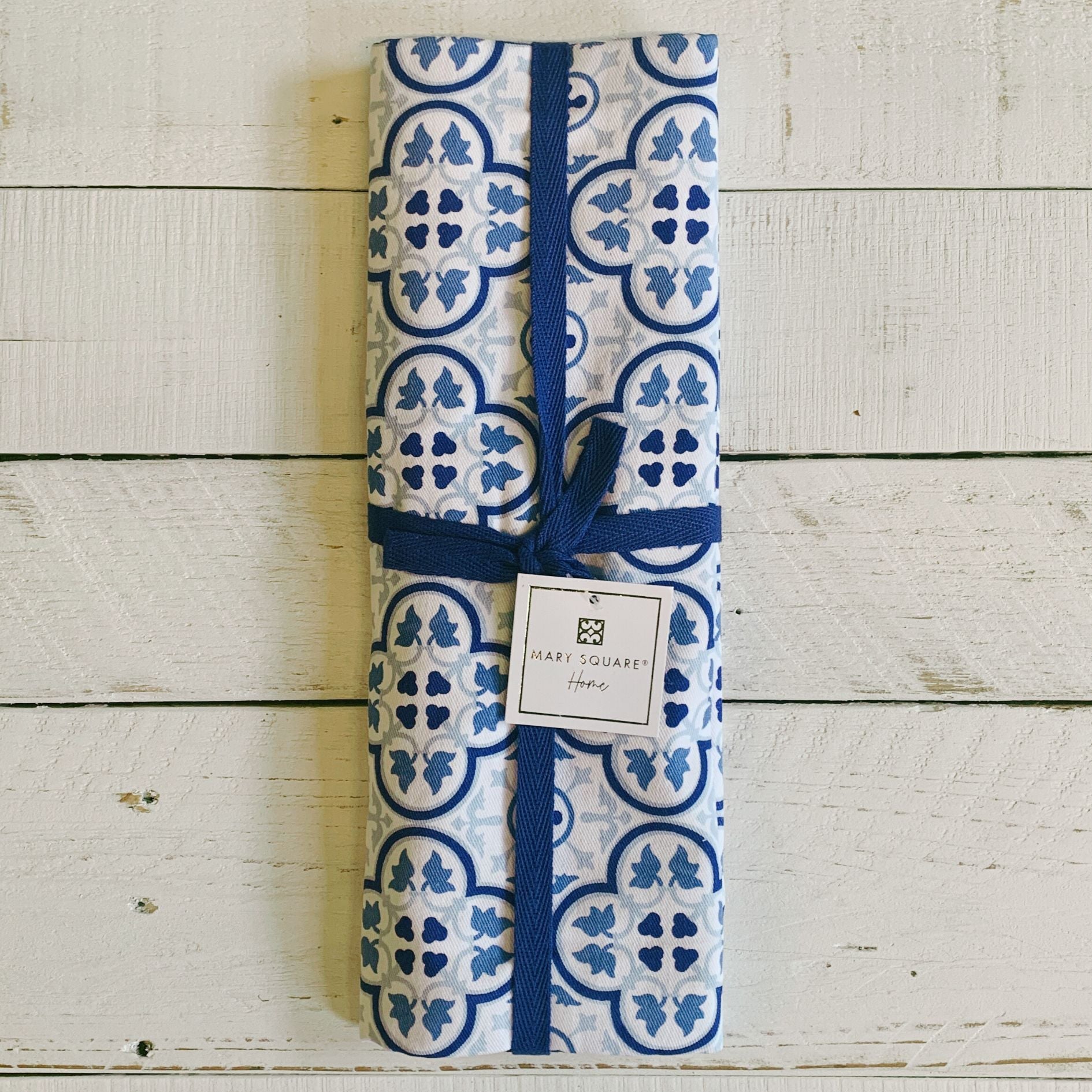 Moroccan Table Runner in Blue White Colors 108” L x 18” W | Geometric Tile Pattern Cotton Mat