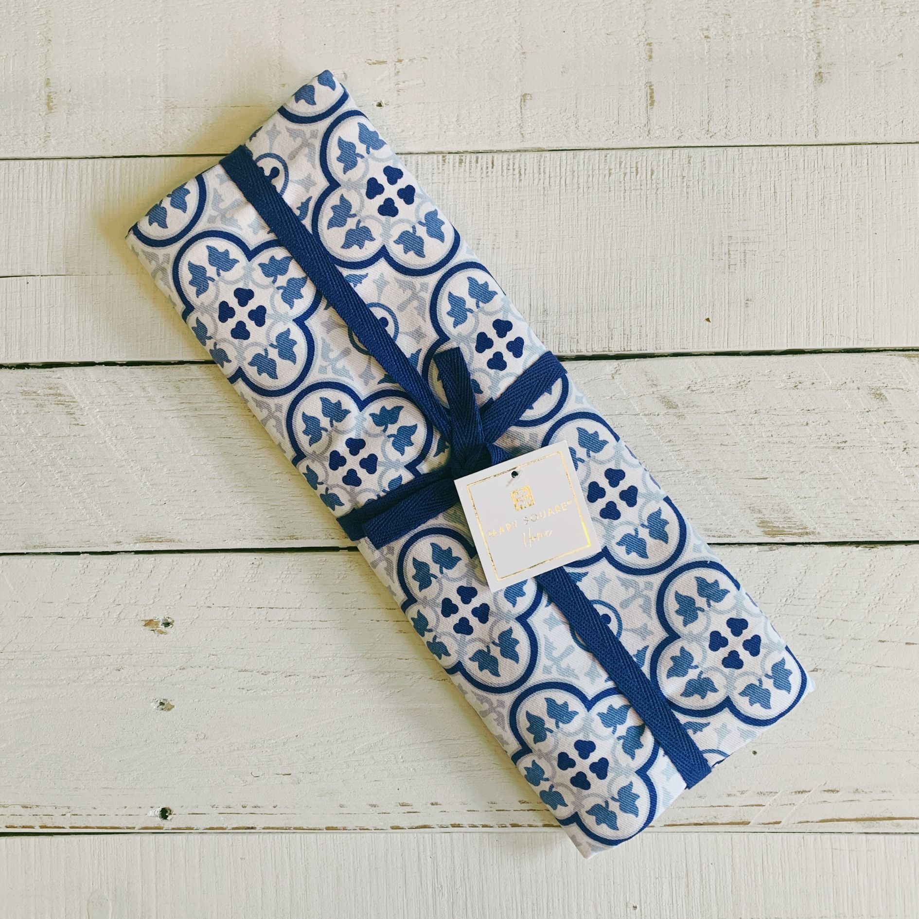 Moroccan Table Runner in Blue White Colors 108” L x 18” W | Geometric Tile Pattern Cotton Mat