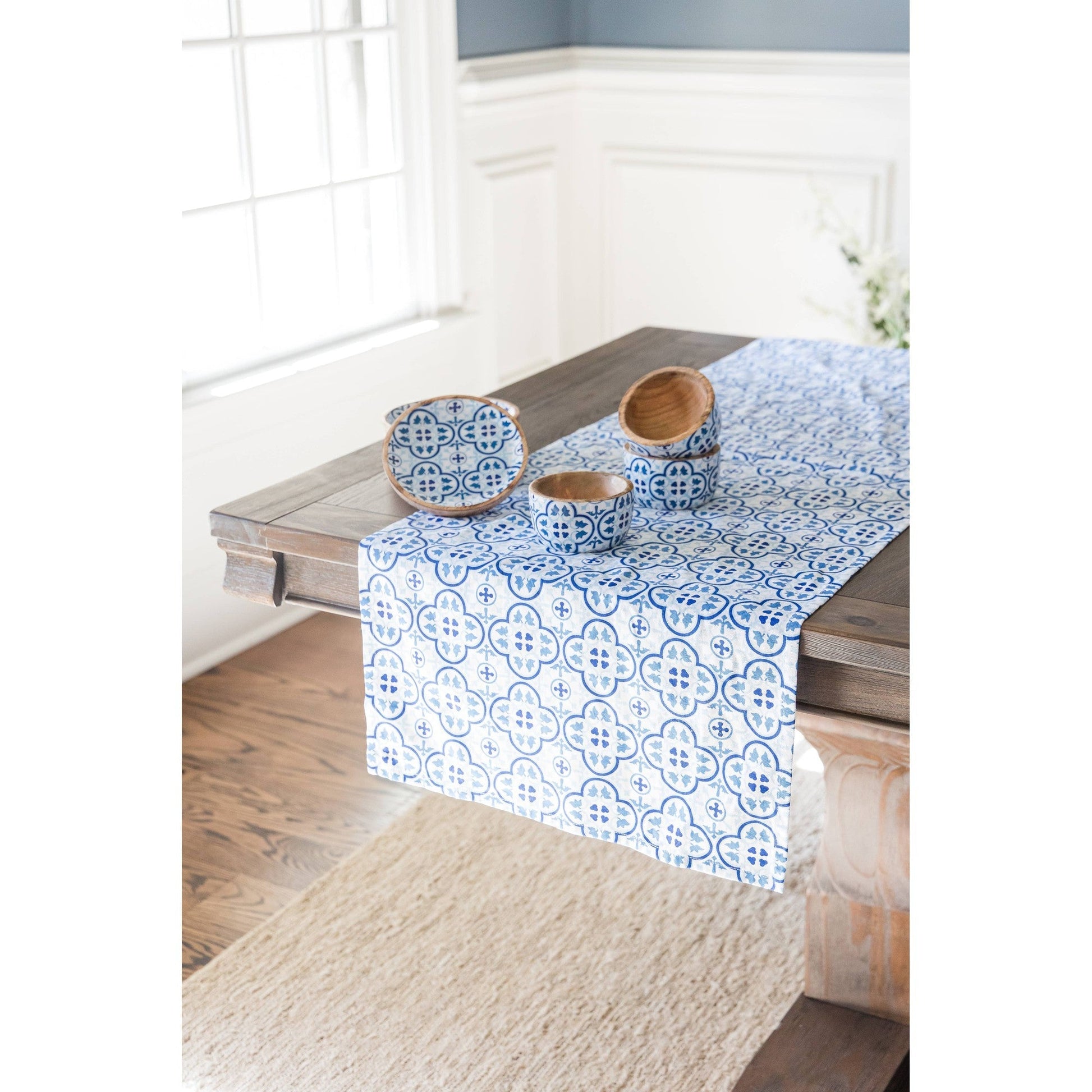 Moroccan Table Runner in Blue White Colors 108” L x 18” W | Geometric Tile Pattern Cotton Mat