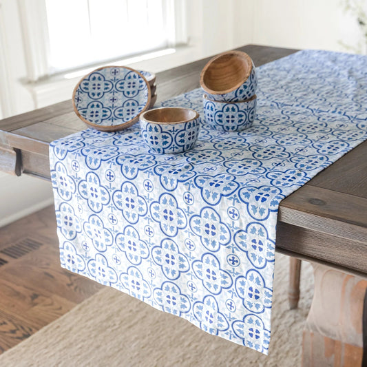 Moroccan Table Runner in Blue White Colors 108” L x 18” W | Geometric Tile Pattern Cotton Mat