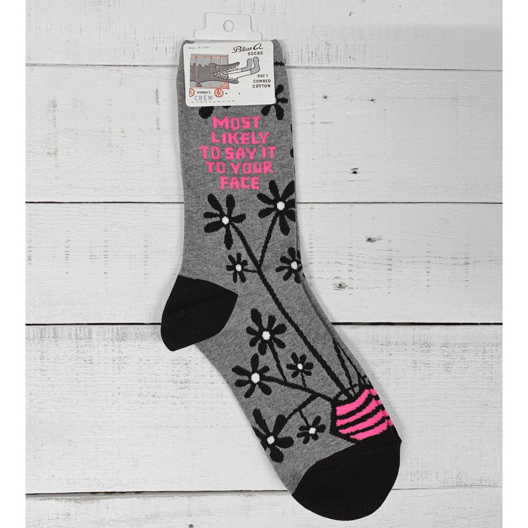 Most Likely to Say It to Your Face Women's Crew Socks in Gray and Pink | BlueQ at GetBullish