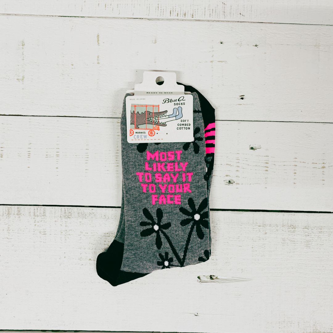 Most Likely to Say It to Your Face Women's Crew Socks in Gray and Pink | BlueQ at GetBullish