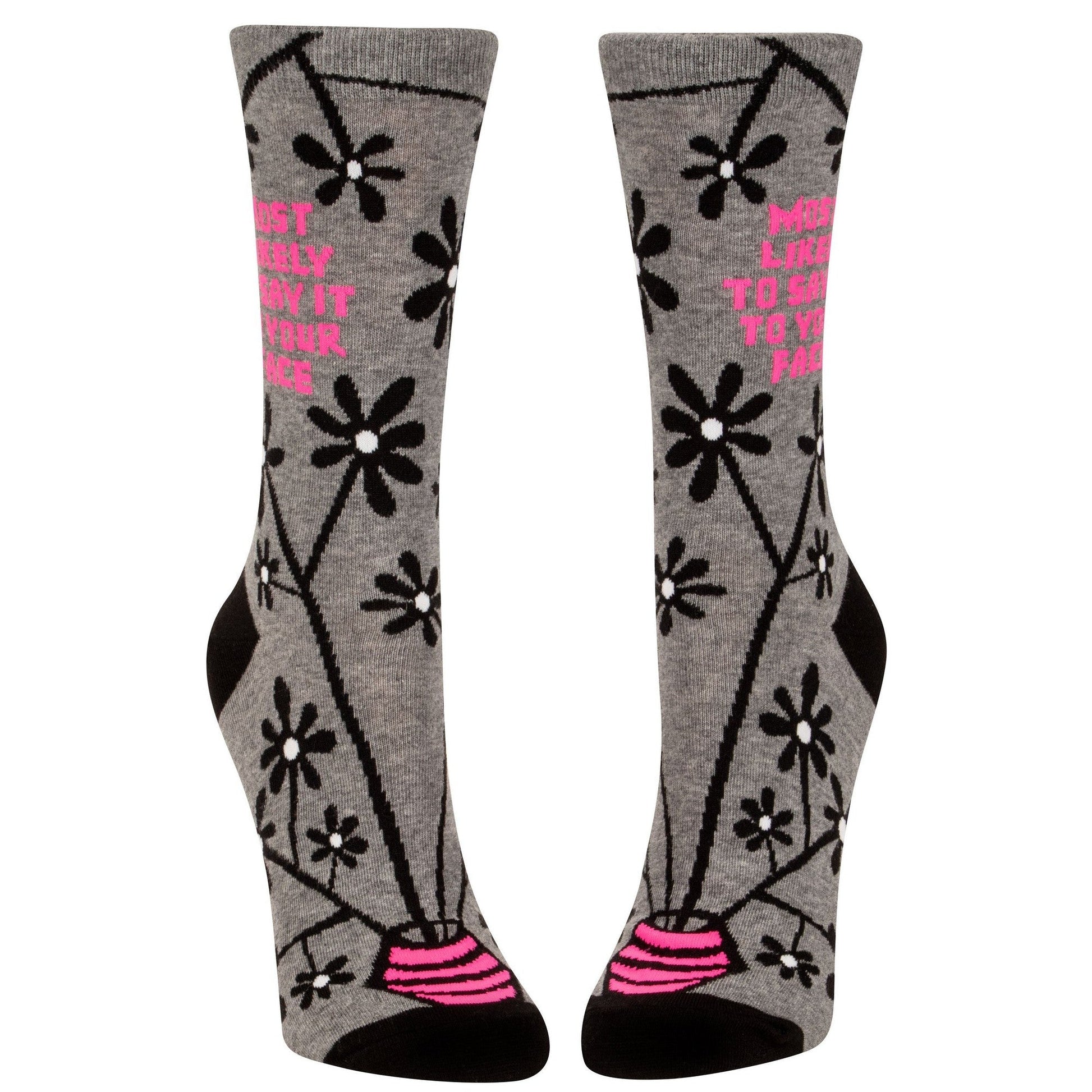 Most Likely to Say It to Your Face Women's Crew Socks in Gray and Pink | BlueQ at GetBullish