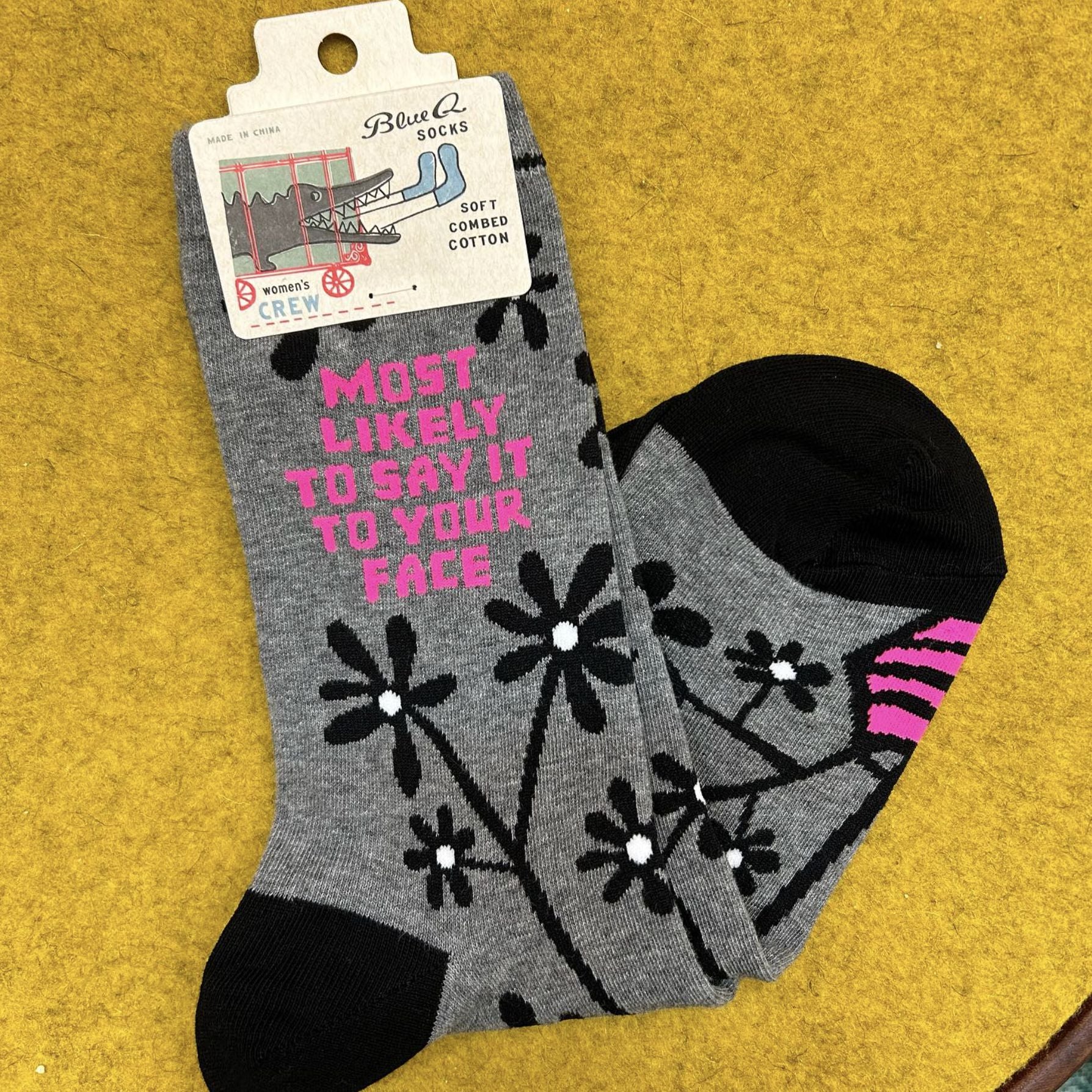 Most Likely to Say It to Your Face Women's Crew Socks in Gray and Pink | BlueQ at GetBullish