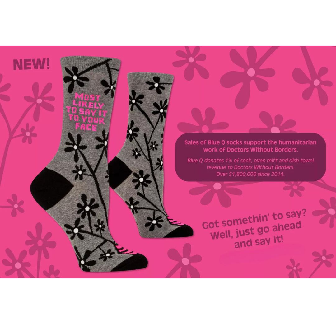 Most Likely to Say It to Your Face Women's Crew Socks in Gray and Pink | BlueQ at GetBullish