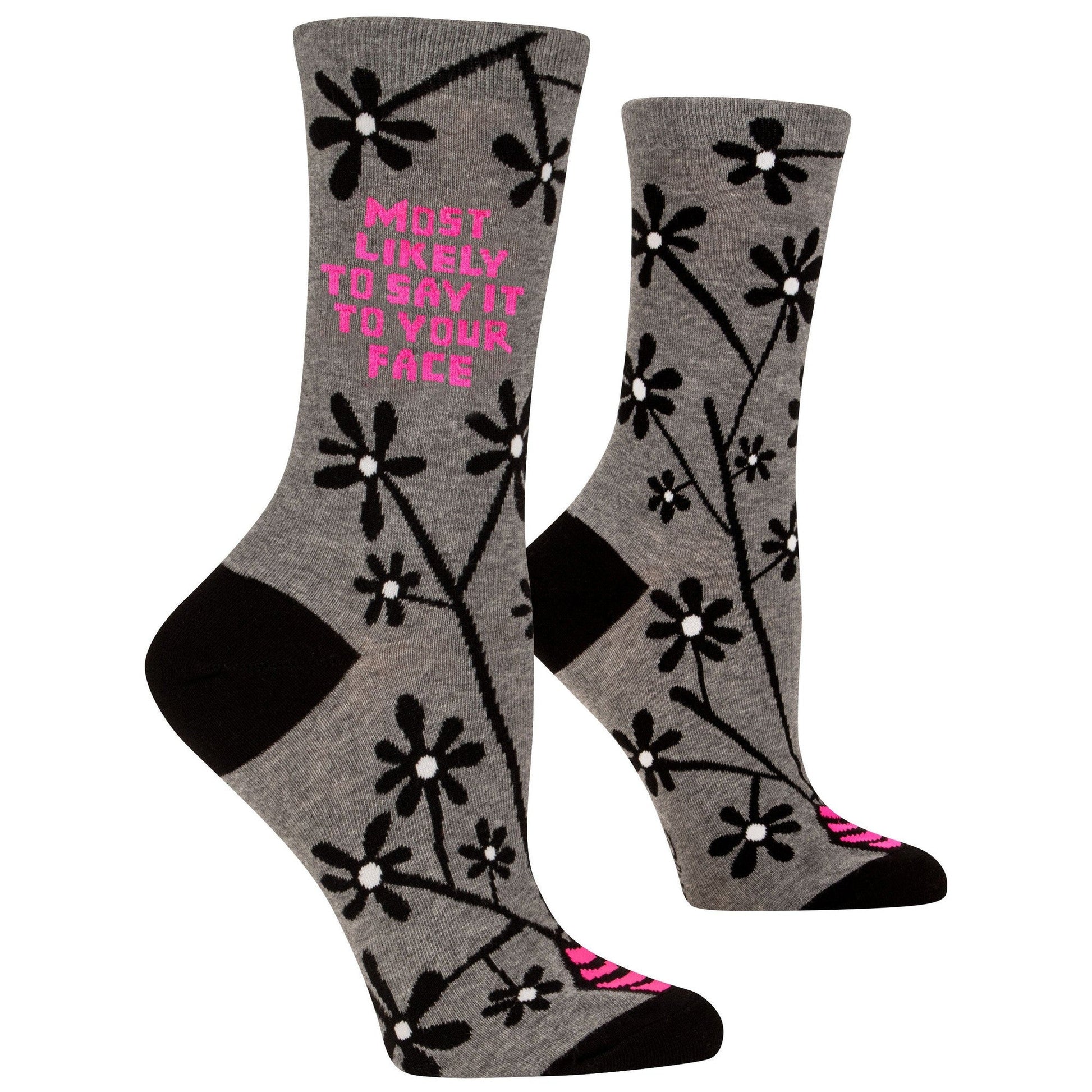 Most Likely to Say It to Your Face Women's Crew Socks in Gray and Pink | BlueQ at GetBullish