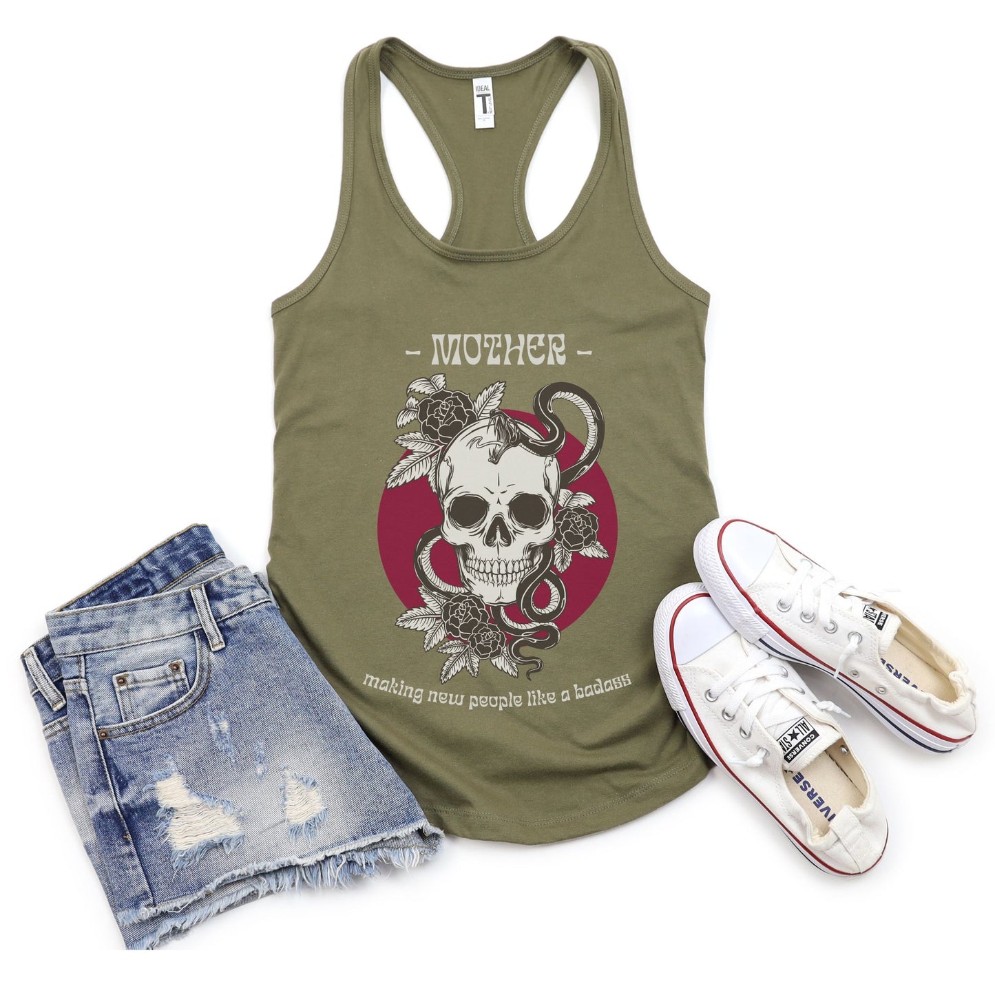 Mother: Making New People Like a Badass Vintage Skull Tattoo Heavy Metal Themed Women's Ideal Racerback Tank