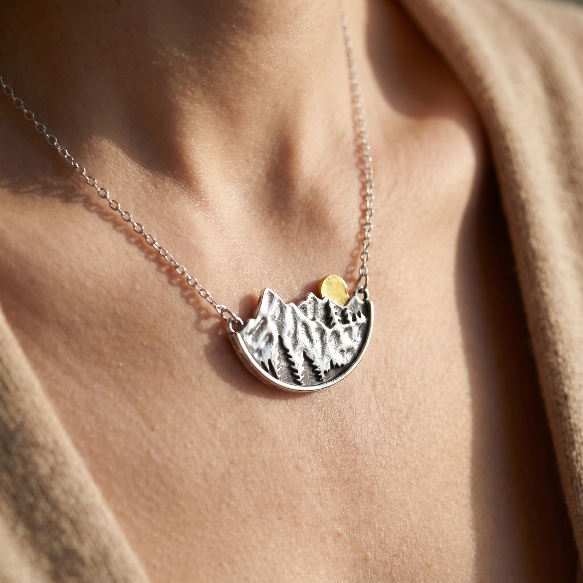 Mountain Necklace | Silver Landscape Pendant with Shimmery Full Moon