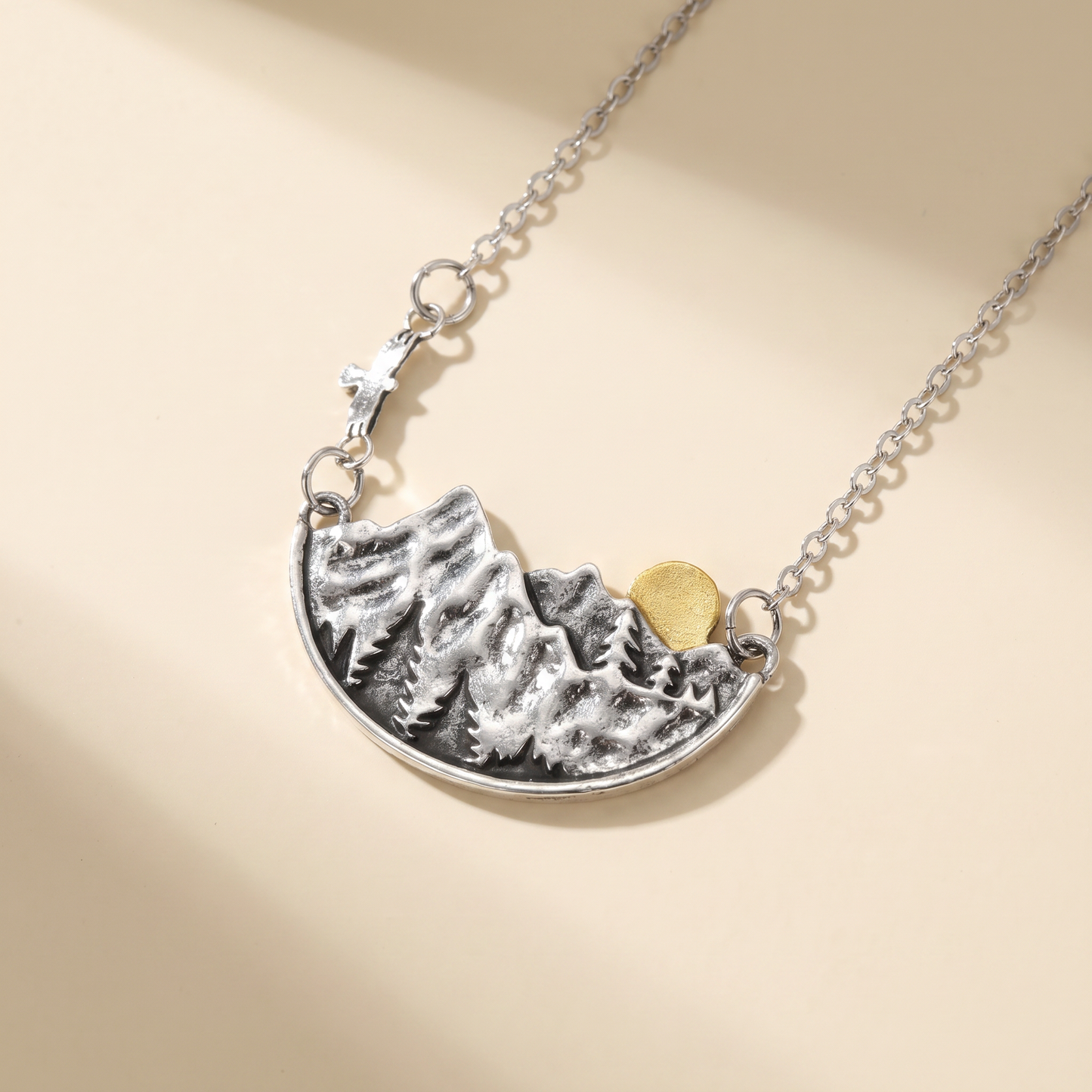 Mountain Necklace | Silver Landscape Pendant with Shimmery Full Moon