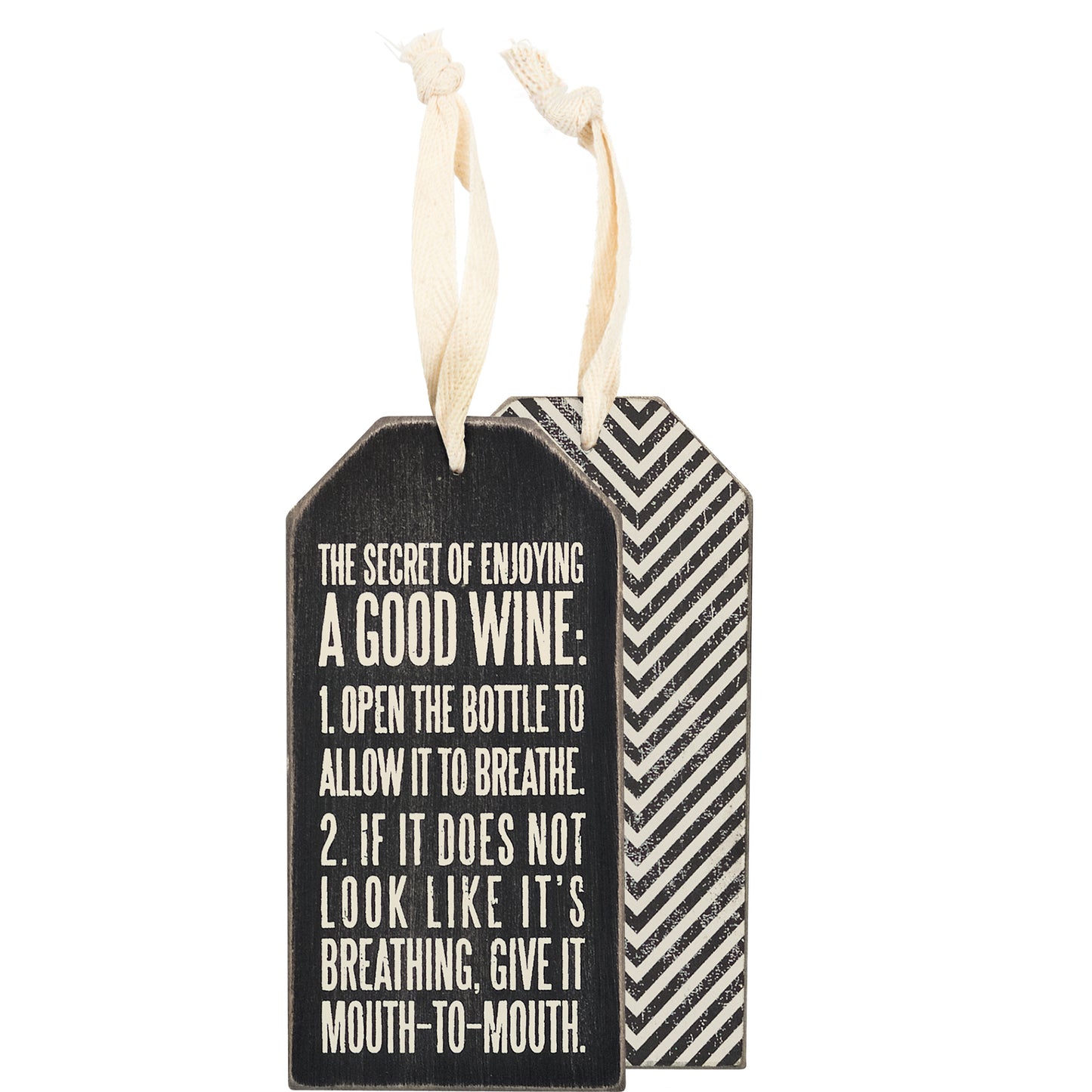 Decorative bottle tag with wine advice text on a white background