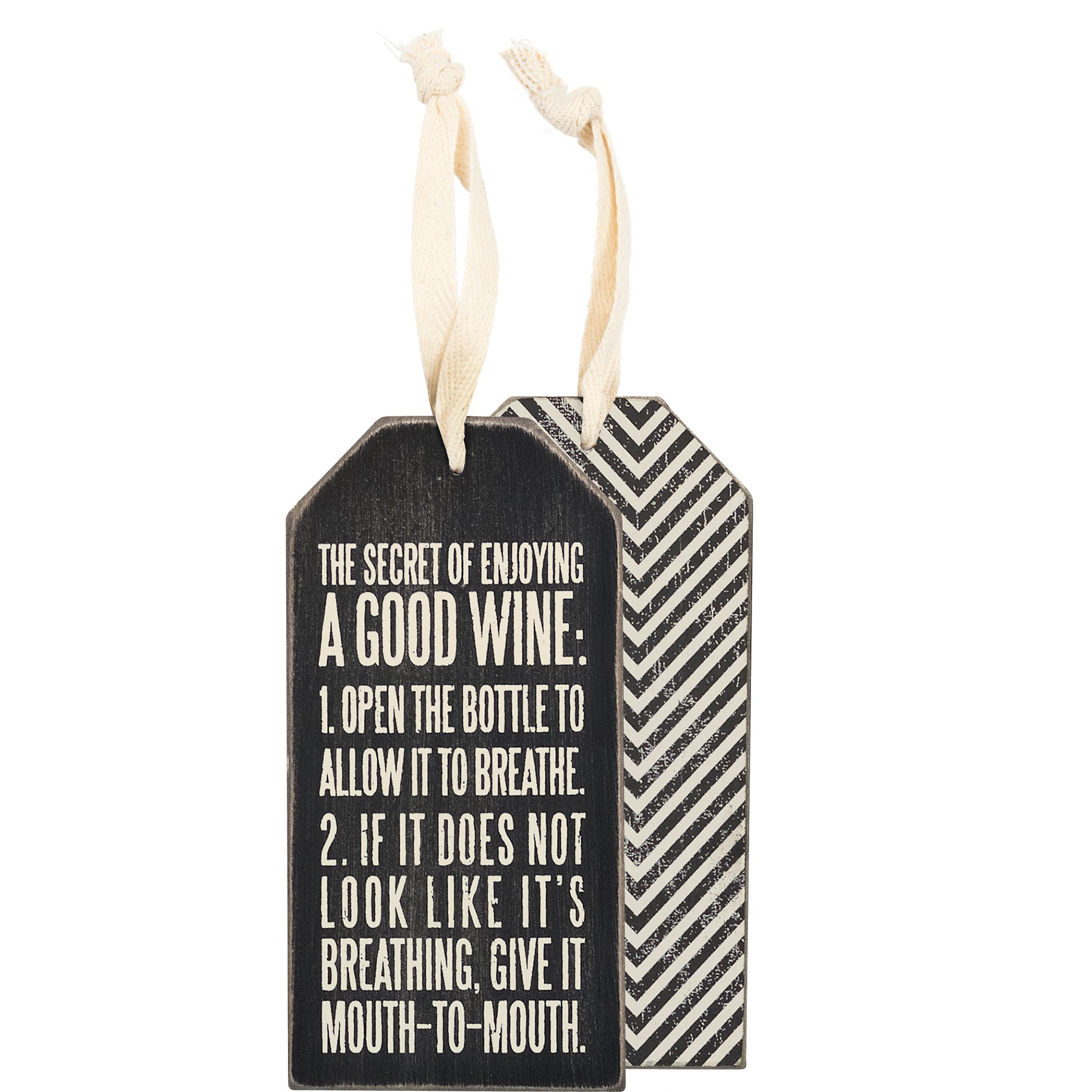 Decorative bottle tag with wine advice text on a white background