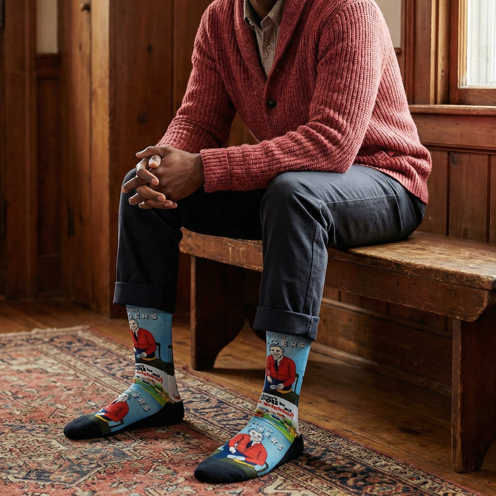 Man sitting on a wooden bench wearing a red sweater and colorful socks with a Mr Rogers Neighborhood pattern.