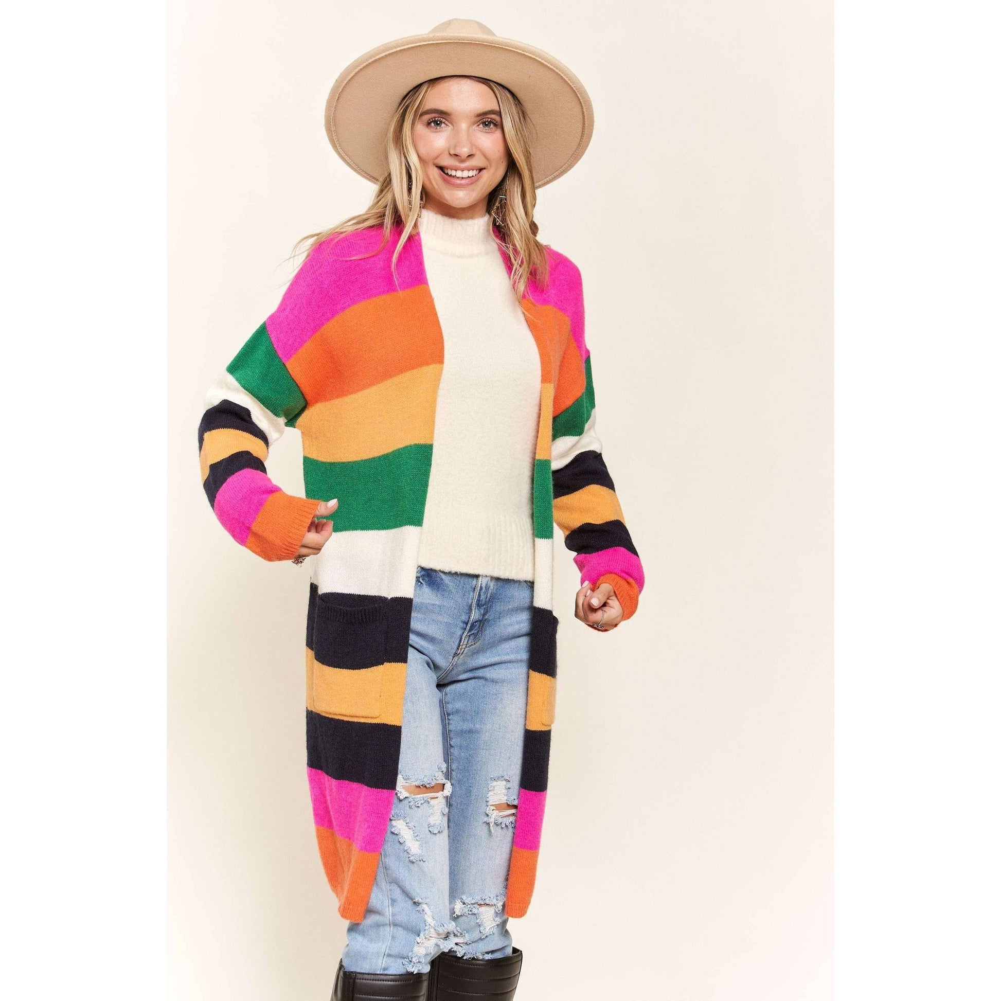Multi Color Stripe Cardigan with Pockets | Open Front Long Knit Sweater [Sizes SM-L]