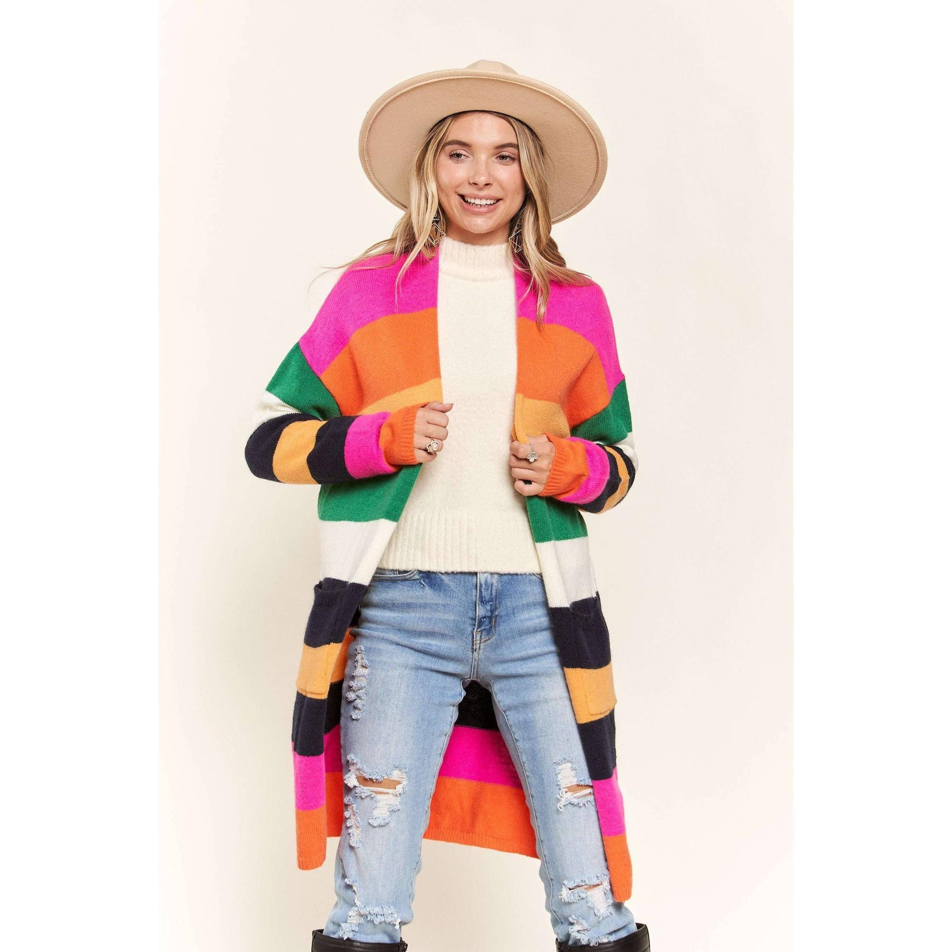 Multi Color Stripe Cardigan with Pockets | Open Front Long Knit Sweater [Sizes SM-L]