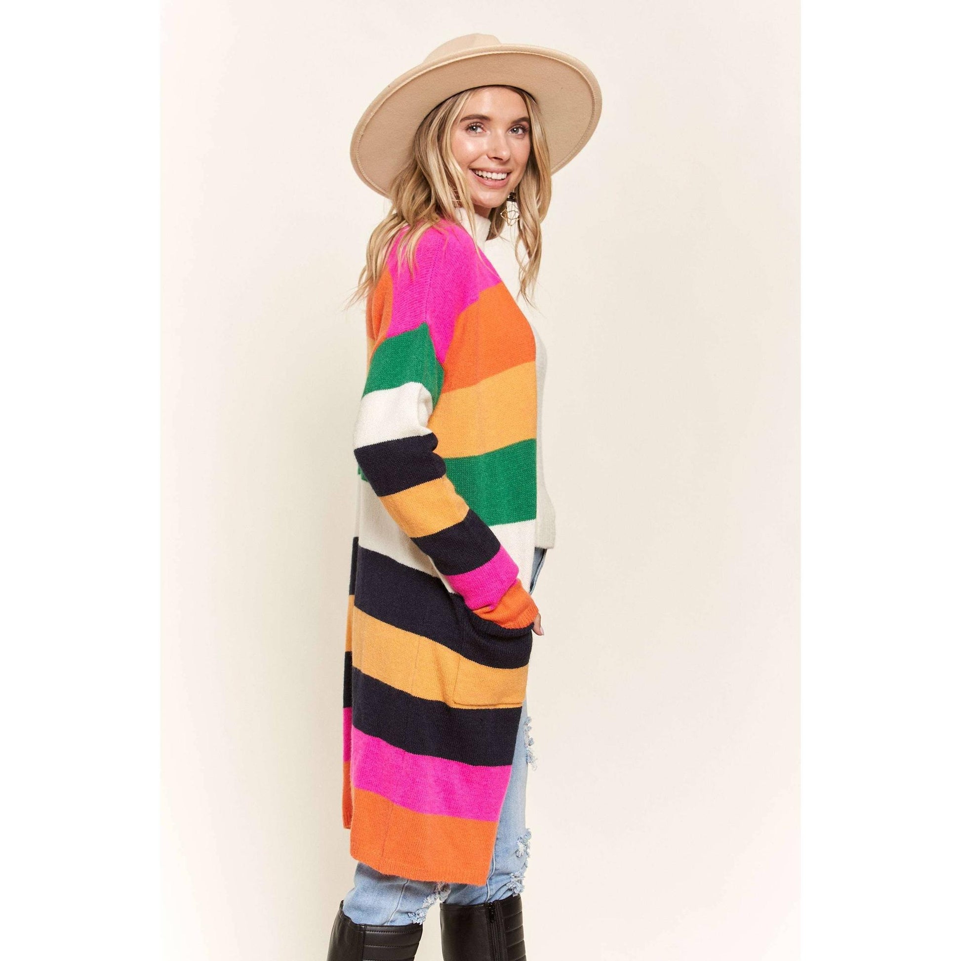 Multi Color Stripe Cardigan with Pockets | Open Front Long Knit Sweater [Sizes SM-L]