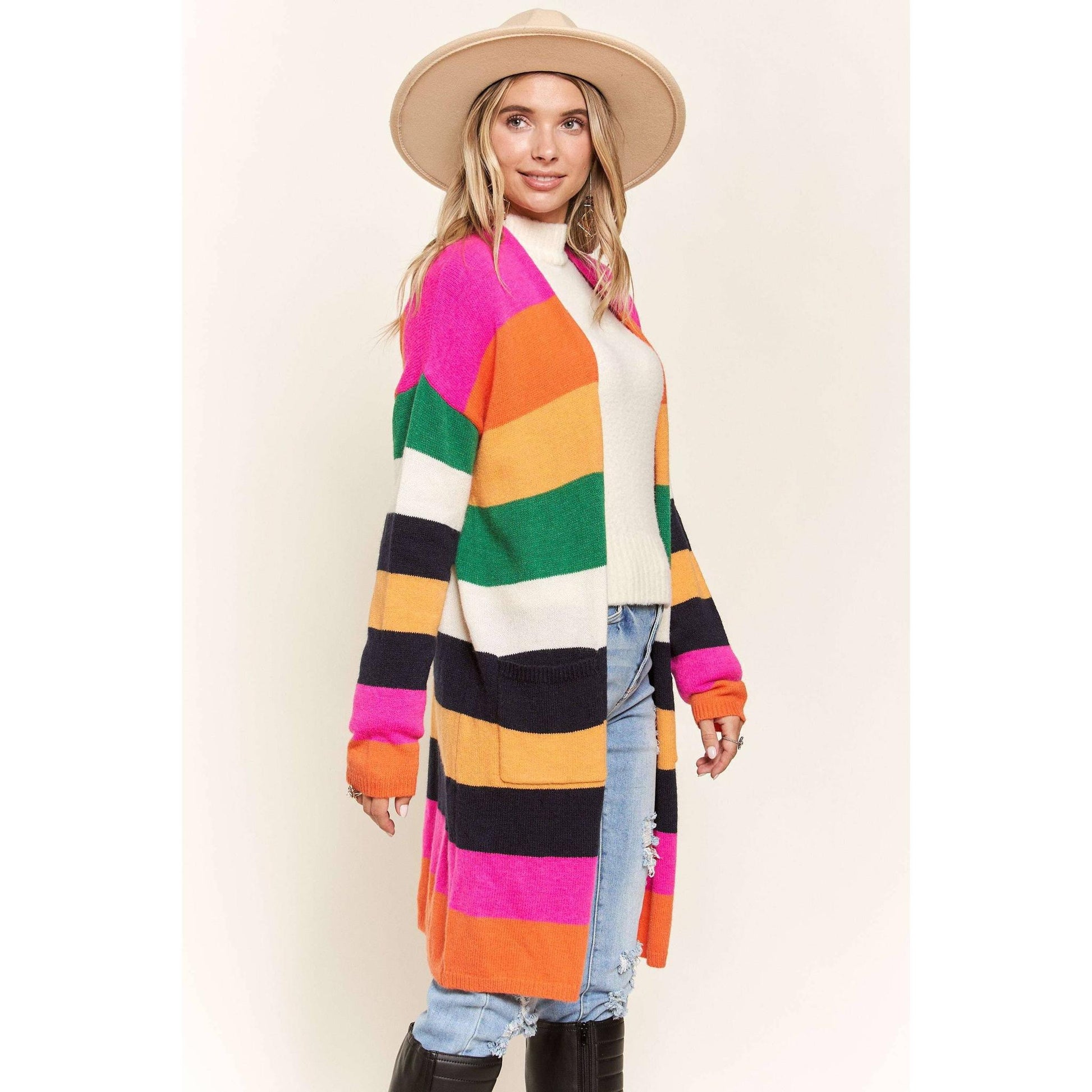 Multi Color Stripe Cardigan with Pockets | Open Front Long Knit Sweater [Sizes SM-L]