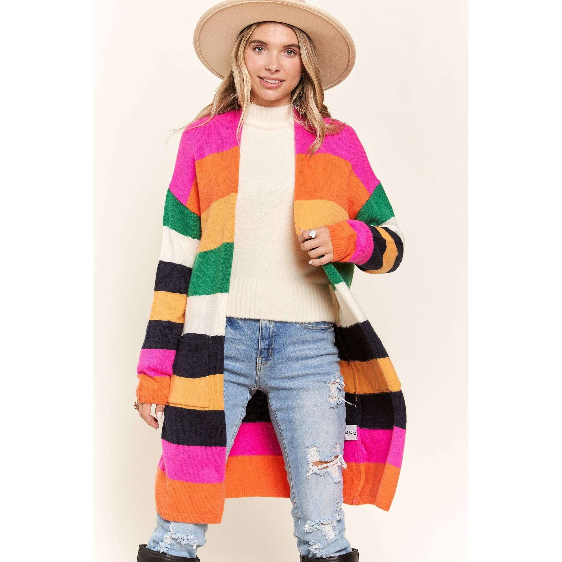 Multi Color Stripe Cardigan with Pockets | Open Front Long Knit Sweater [Sizes SM-L]