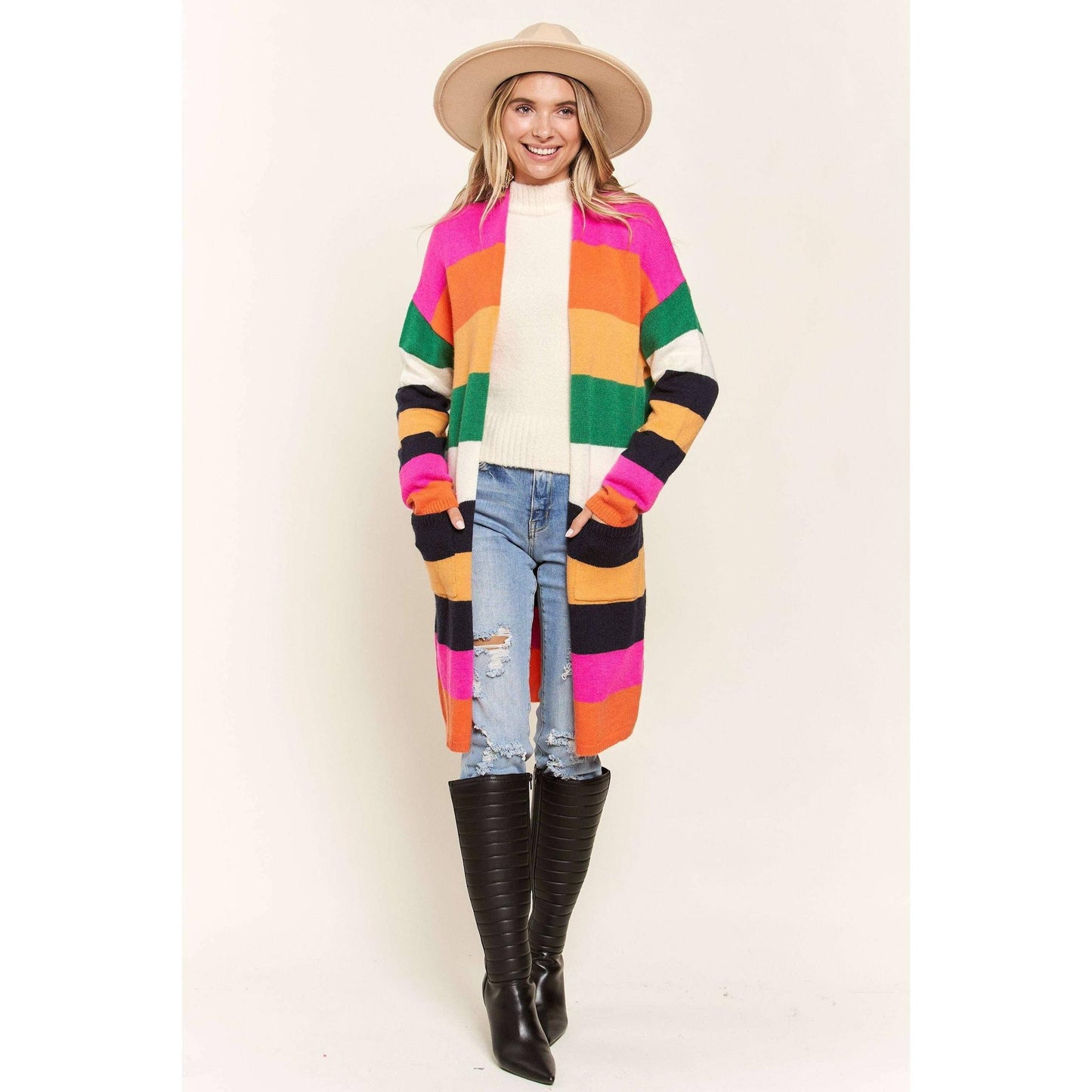 Multi Color Stripe Cardigan with Pockets | Open Front Long Knit Sweater [Sizes SM-L]