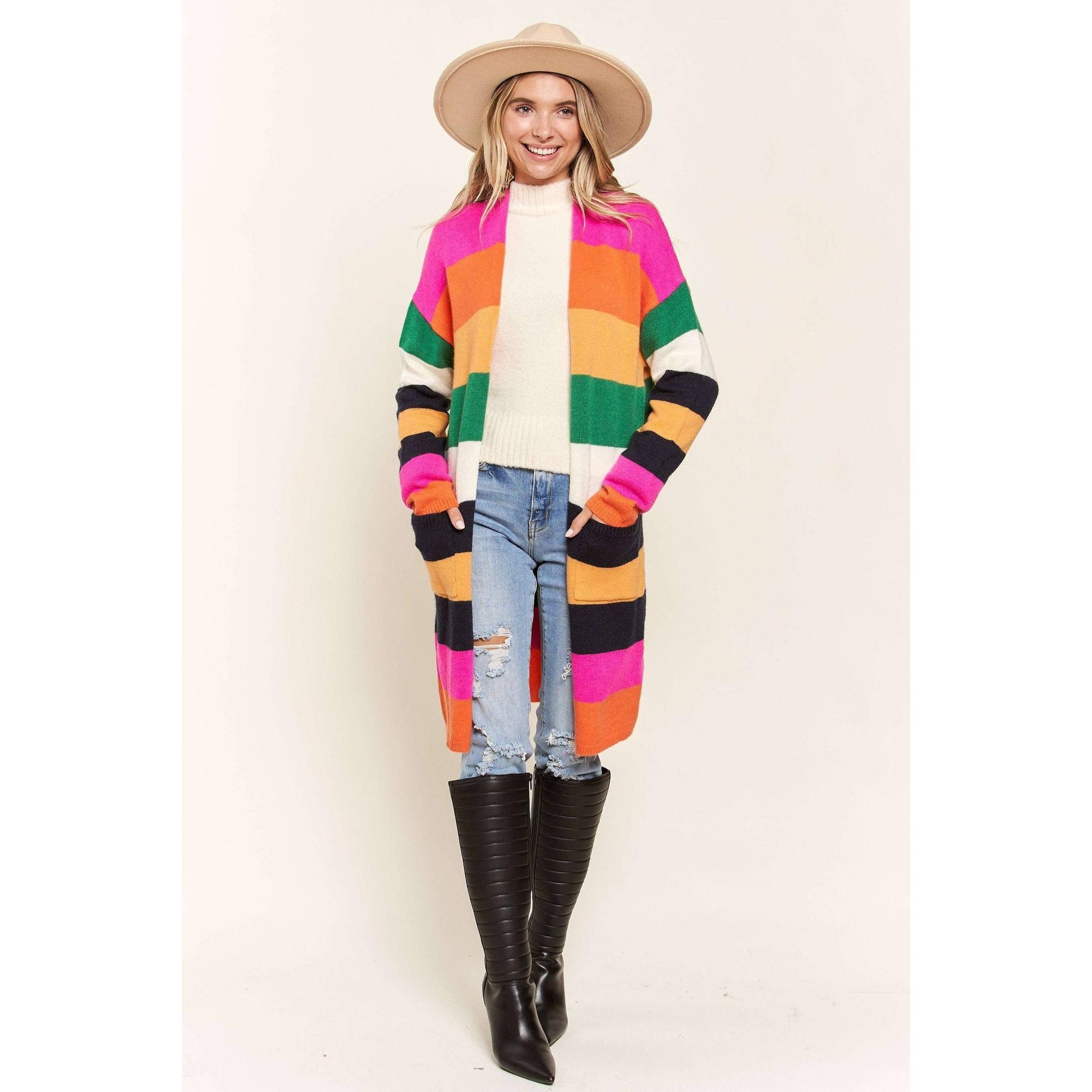 Multi Color Stripe Cardigan with Pockets | Open Front Long Knit Sweater [Sizes SM-L]
