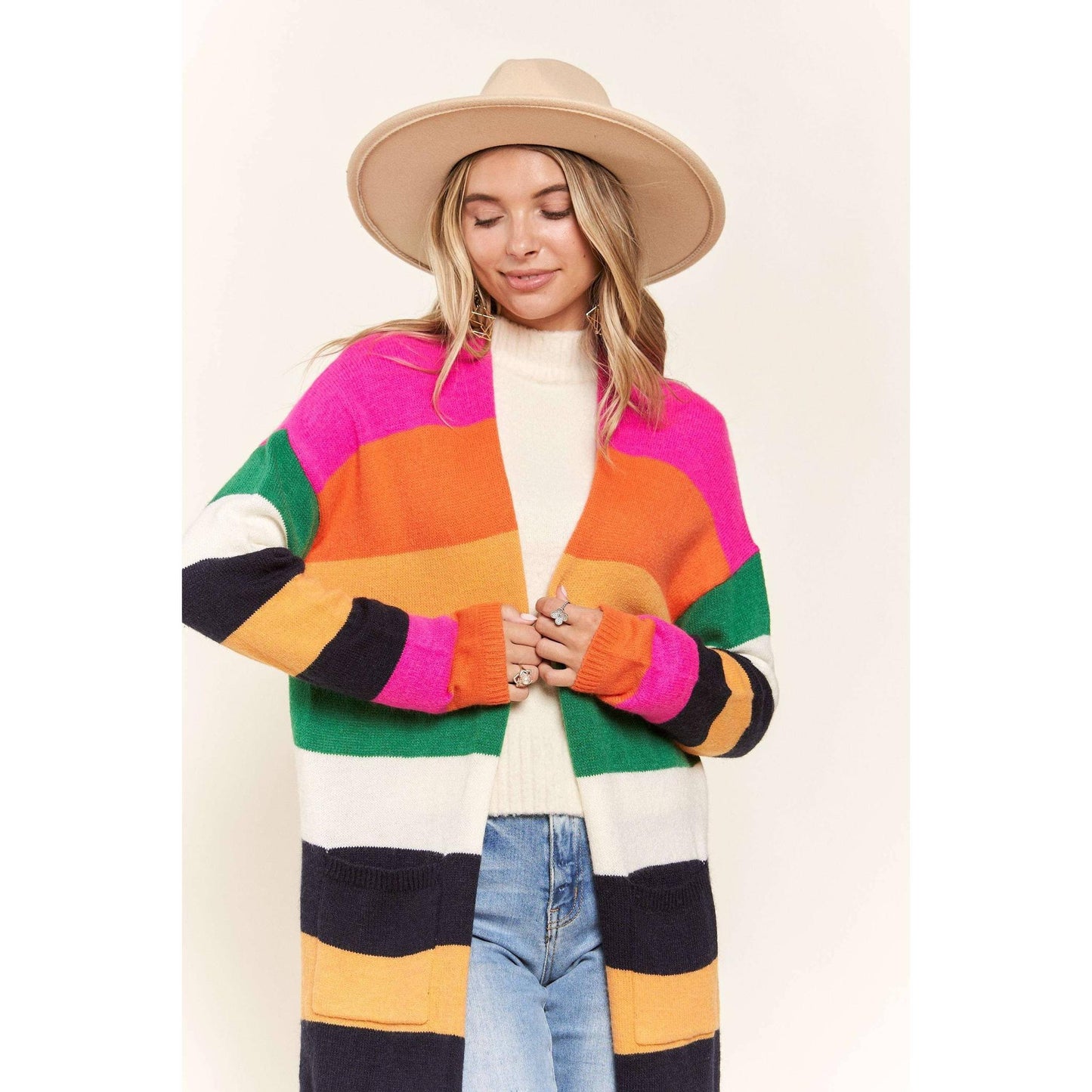 Multi Color Stripe Cardigan with Pockets | Open Front Long Knit Sweater [Sizes SM-L]