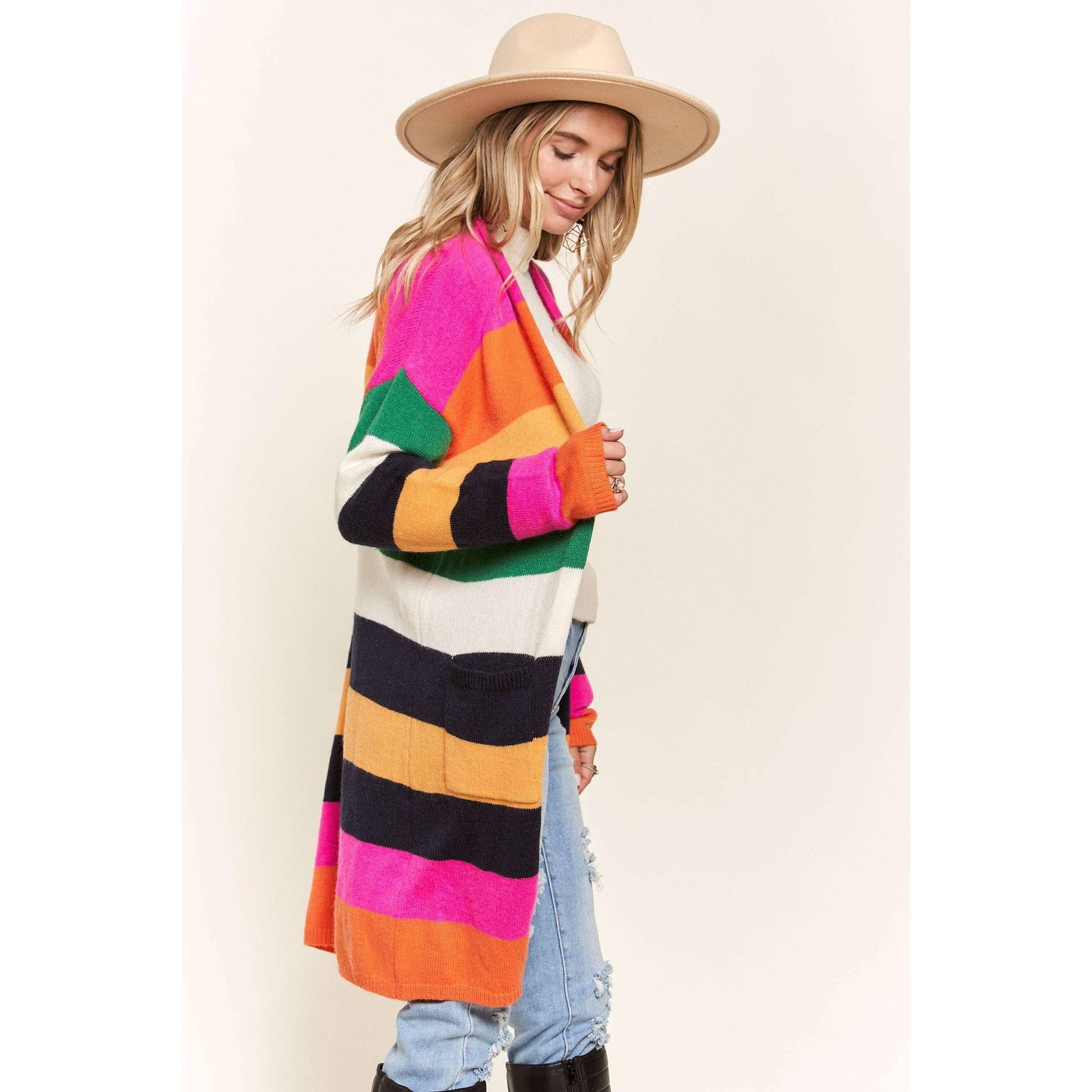 Multi Color Stripe Cardigan with Pockets | Open Front Long Knit Sweater [Sizes SM-L]