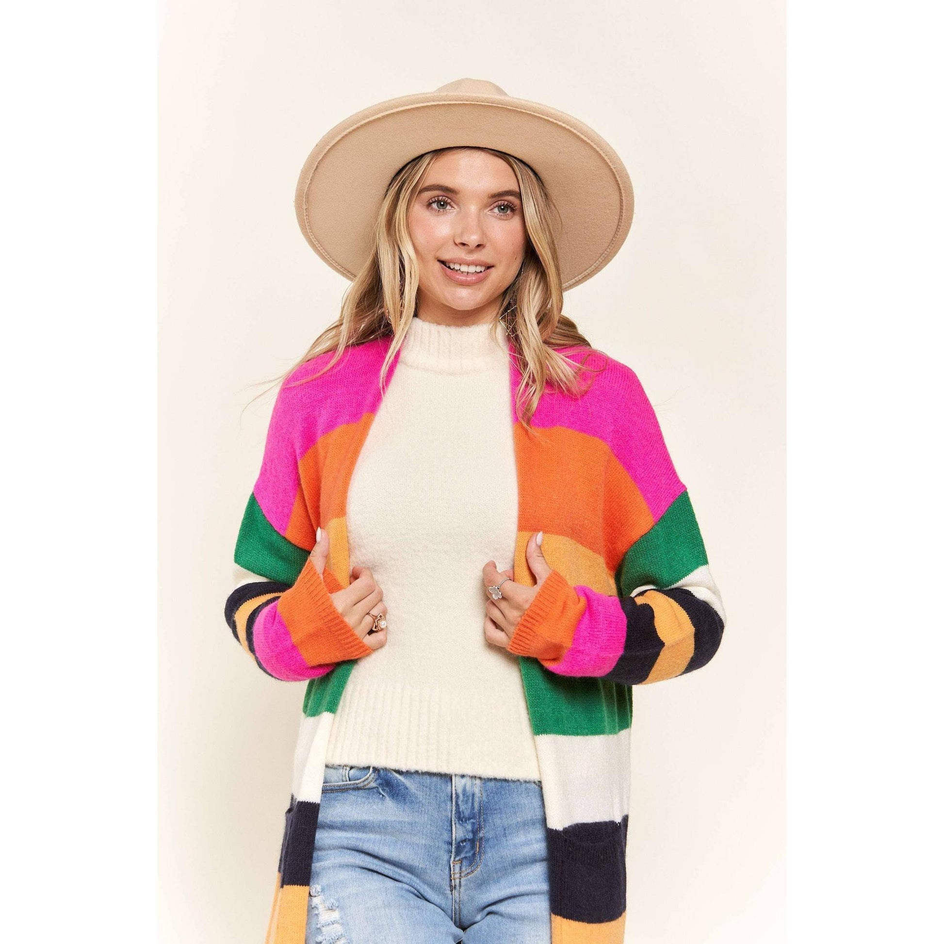 Multi Color Stripe Cardigan with Pockets | Open Front Long Knit Sweater [Sizes SM-L]