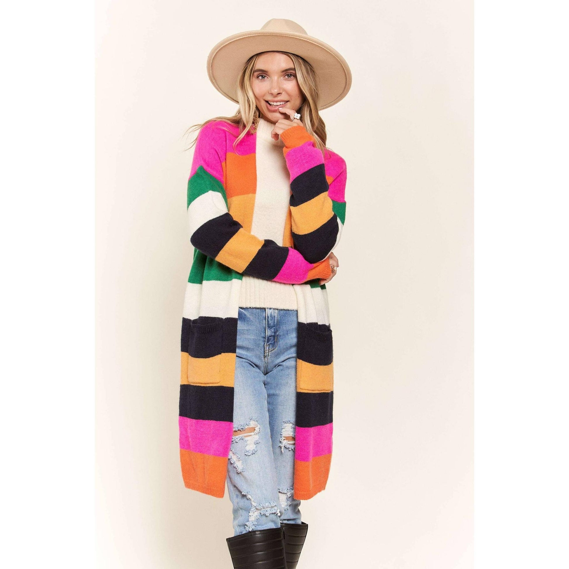 Multi Color Stripe Cardigan with Pockets | Open Front Long Knit Sweater [Sizes SM-L]