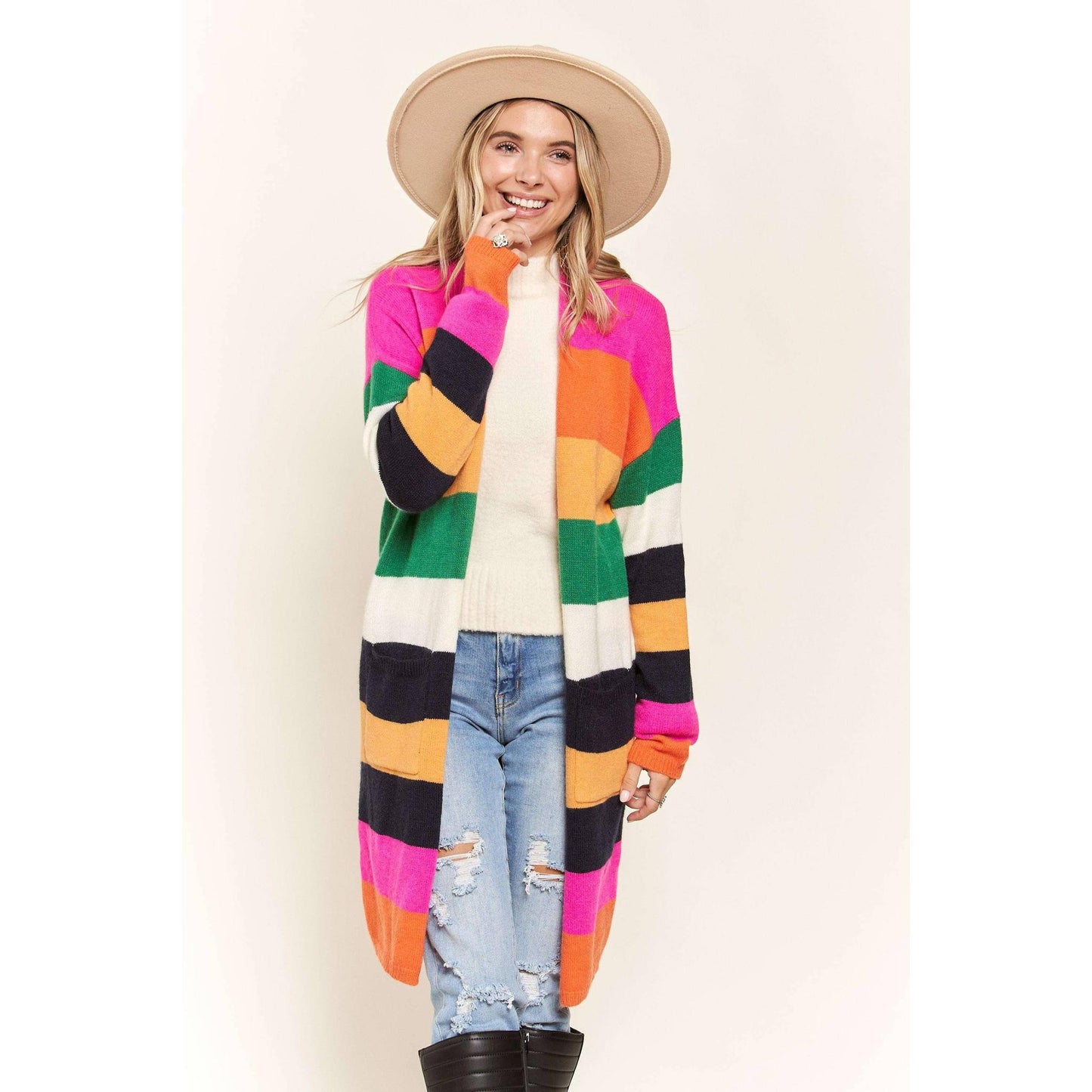 Multi Color Stripe Cardigan with Pockets | Open Front Long Knit Sweater [Sizes SM-L]