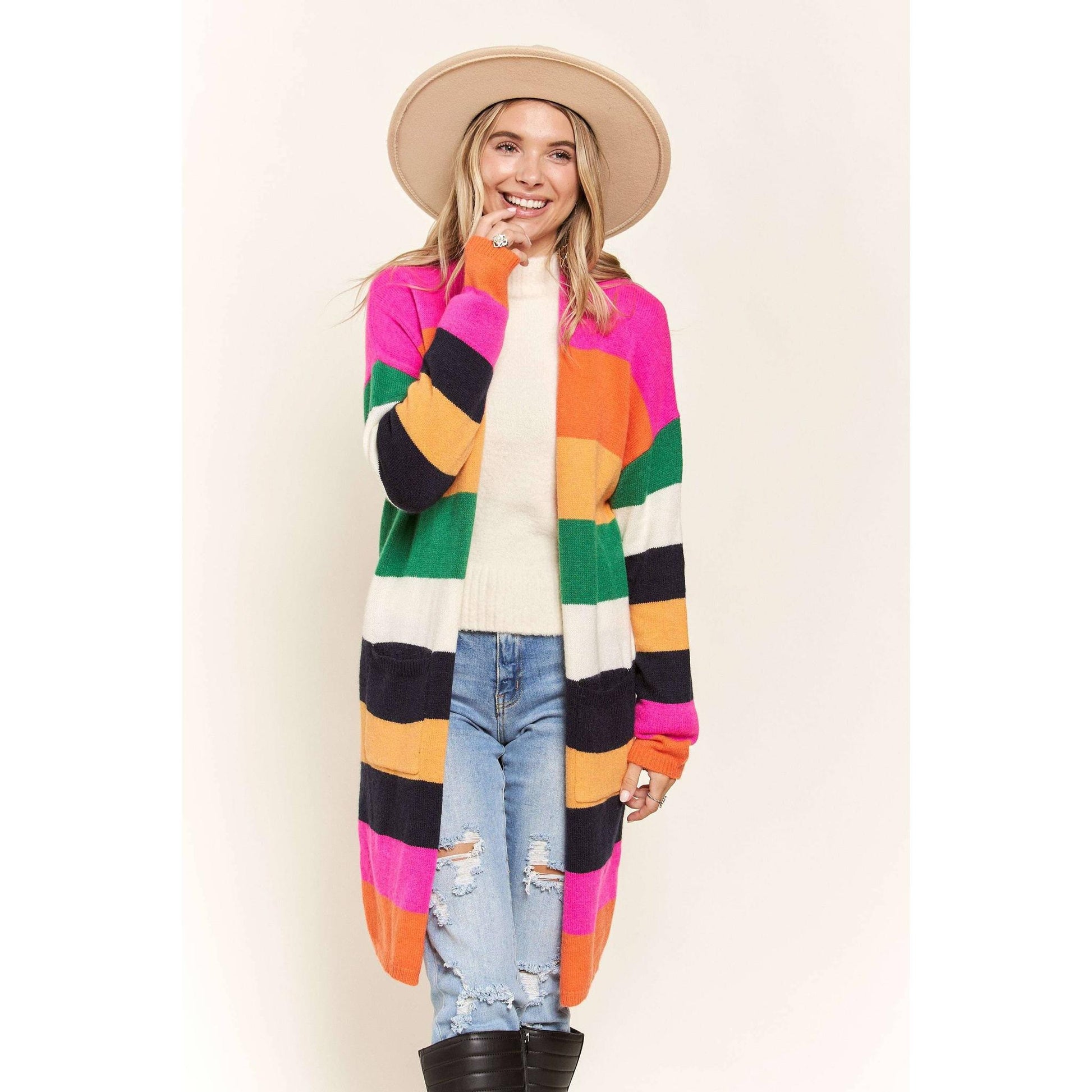Multi Color Stripe Cardigan with Pockets | Open Front Long Knit Sweater [Sizes SM-L]