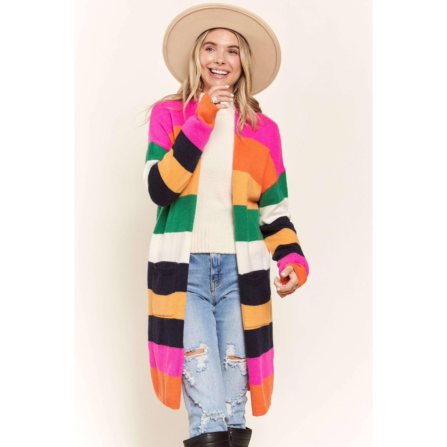 Multi Color Stripe Cardigan with Pockets | Open Front Long Knit Sweater [Sizes SM-L]