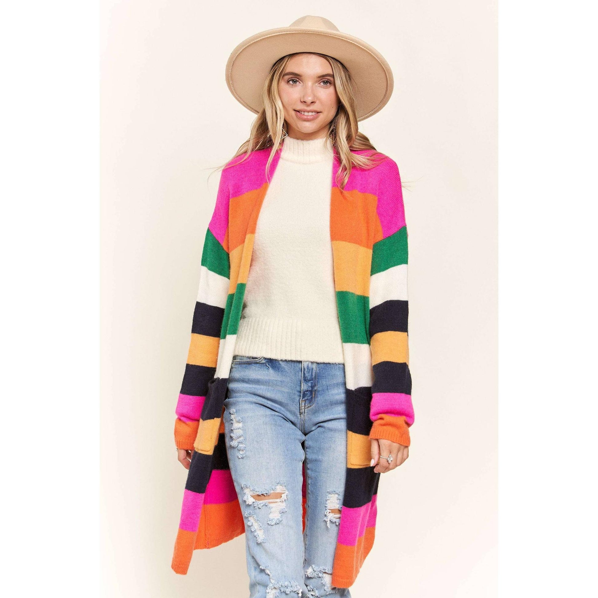 Multi Color Stripe Cardigan with Pockets | Open Front Long Knit Sweater [Sizes SM-L]