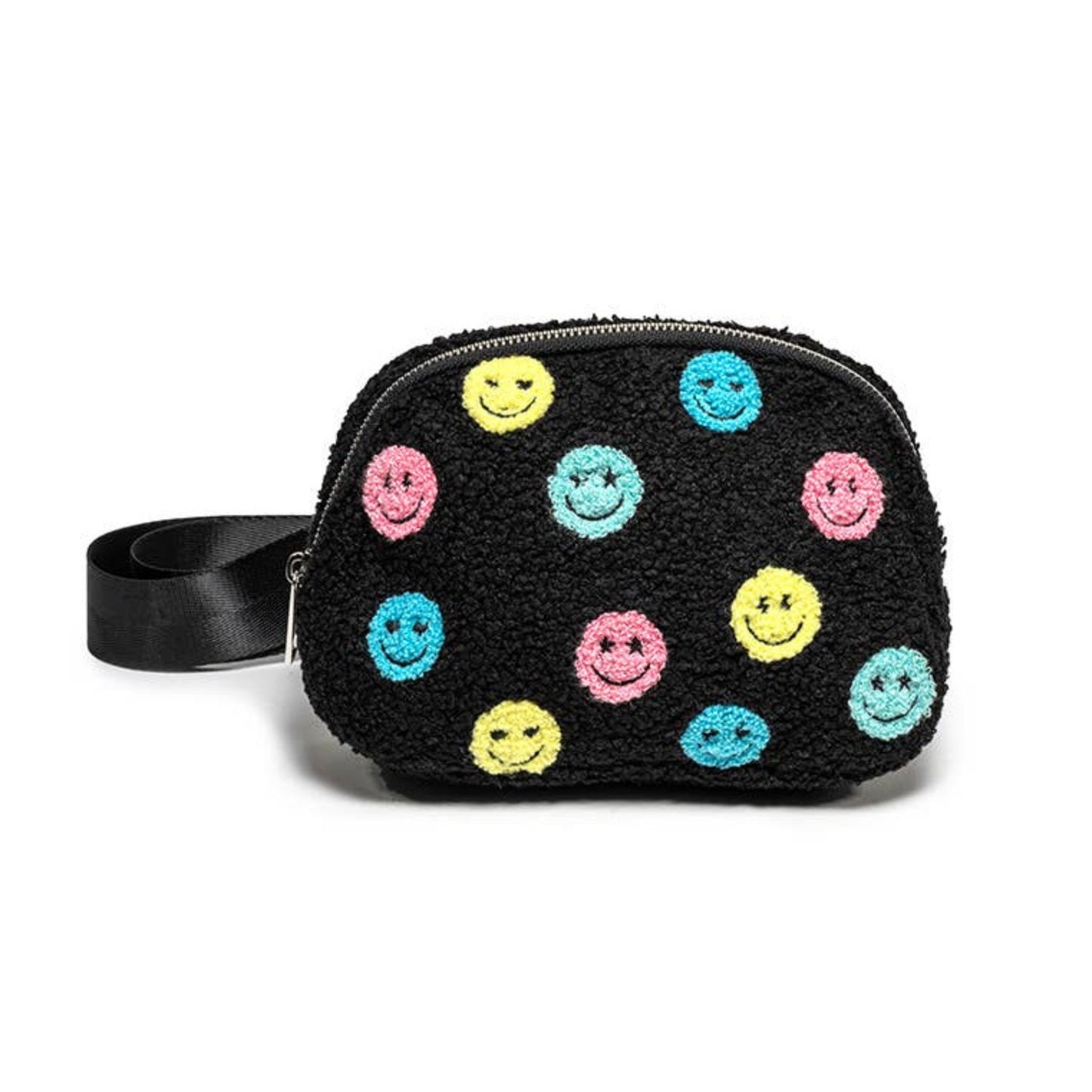 Multi-Colored Happy Faces Adjustable Belt Bag in Black | Stylish Crossbody Waist Bag