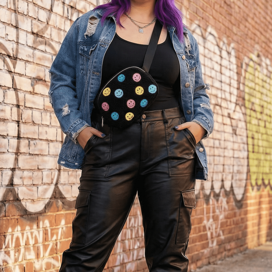 Multi-Colored Happy Faces Adjustable Belt Bag in Black | Stylish Crossbody Waist Bag
