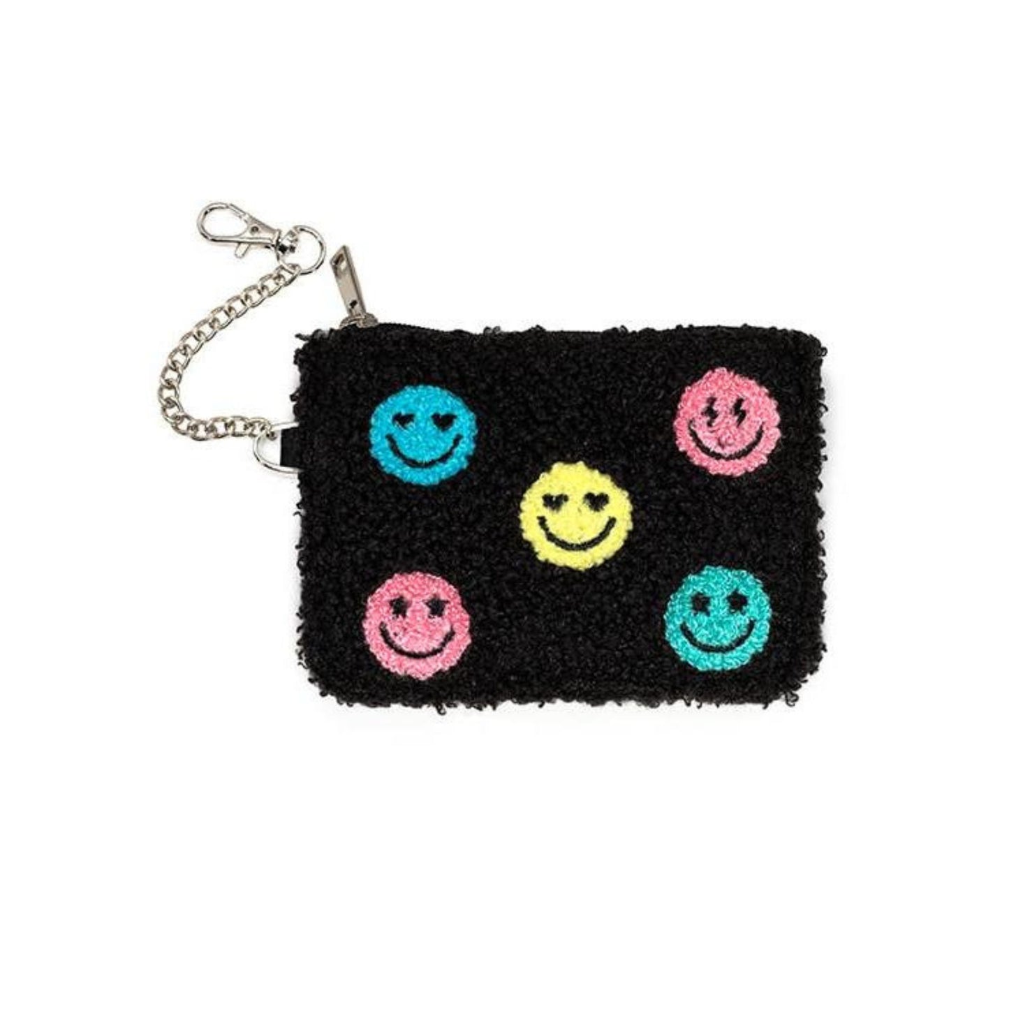 Multi-Colored Happy Faces Black Keychain Pouch | Cards & Cash Key Chain Wallet Purse