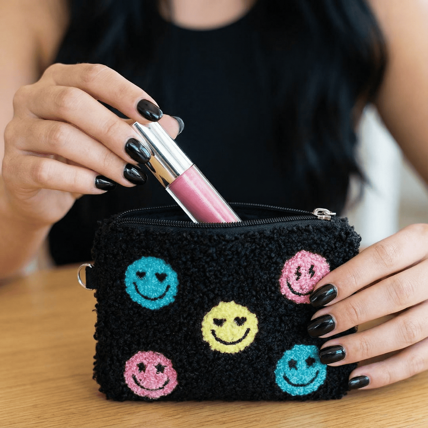 Multi-Colored Happy Faces Black Keychain Pouch | Cards & Cash Key Chain Wallet Purse