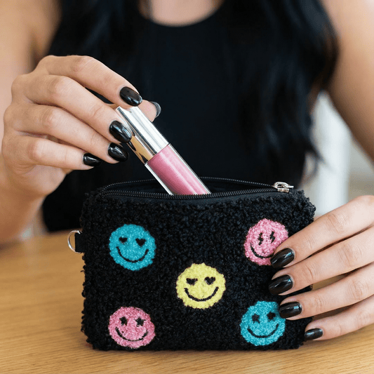 Multi-Colored Happy Faces Black Keychain Pouch | Cards & Cash Key Chain Wallet Purse