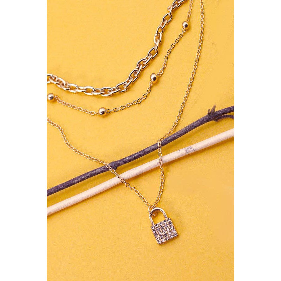 Multi Layer Lock Charm Necklace | Charm Pendant Gold Tone Jewelry