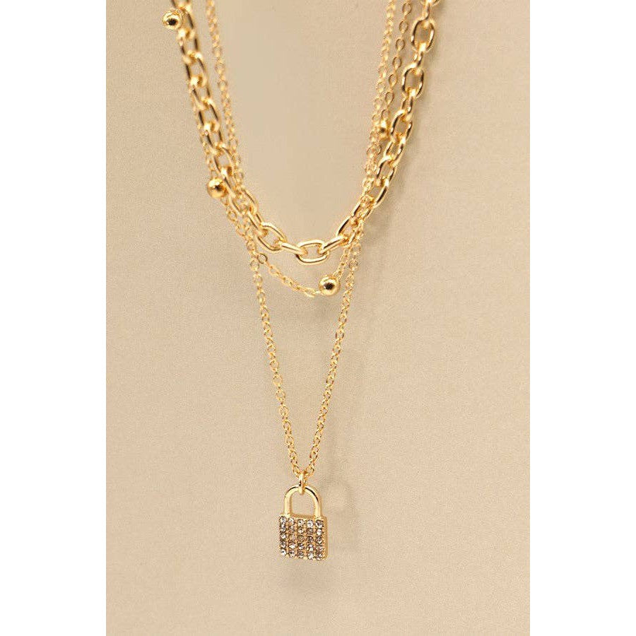 Multi Layer Lock Charm Necklace | Charm Pendant Gold Tone Jewelry