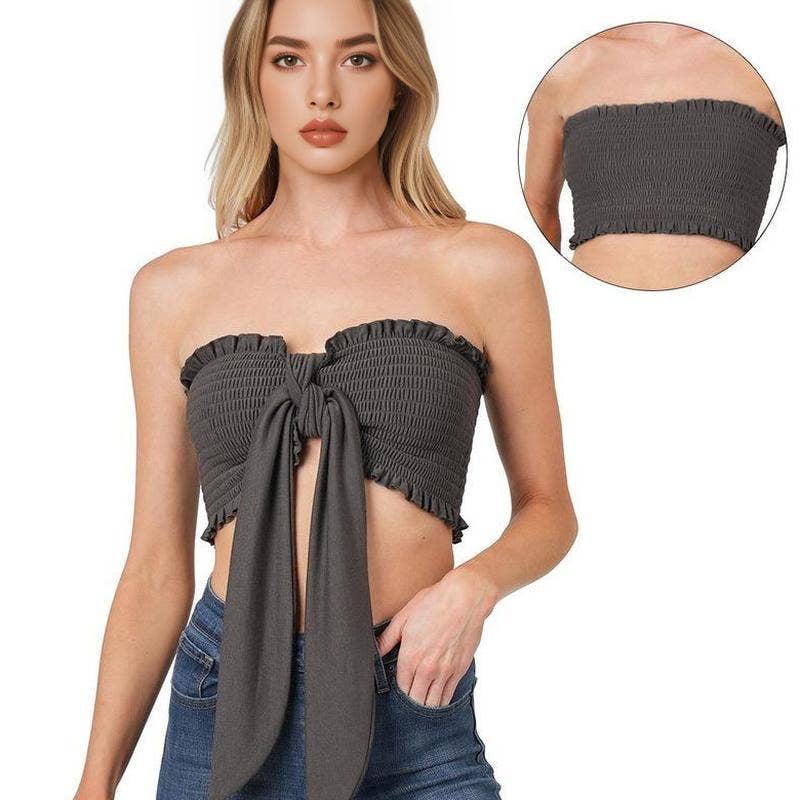 Multi-Way Smocked Bandeau Top in Ash Grey or Dusty Blush | Tie Front Crop Tube Top in Plus & Regular Sizes