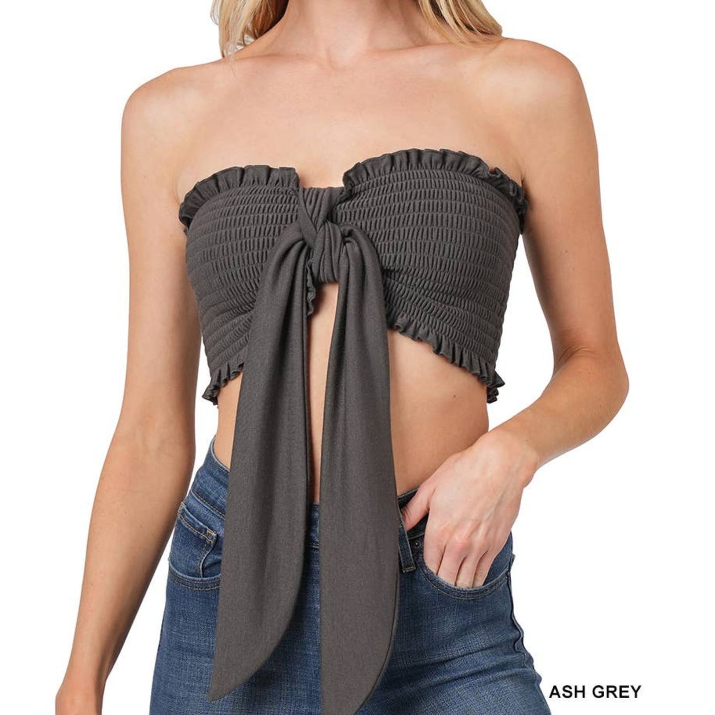 Multi-Way Smocked Bandeau Top in Ash Grey or Dusty Blush | Tie Front Crop Tube Top in Plus & Regular Sizes