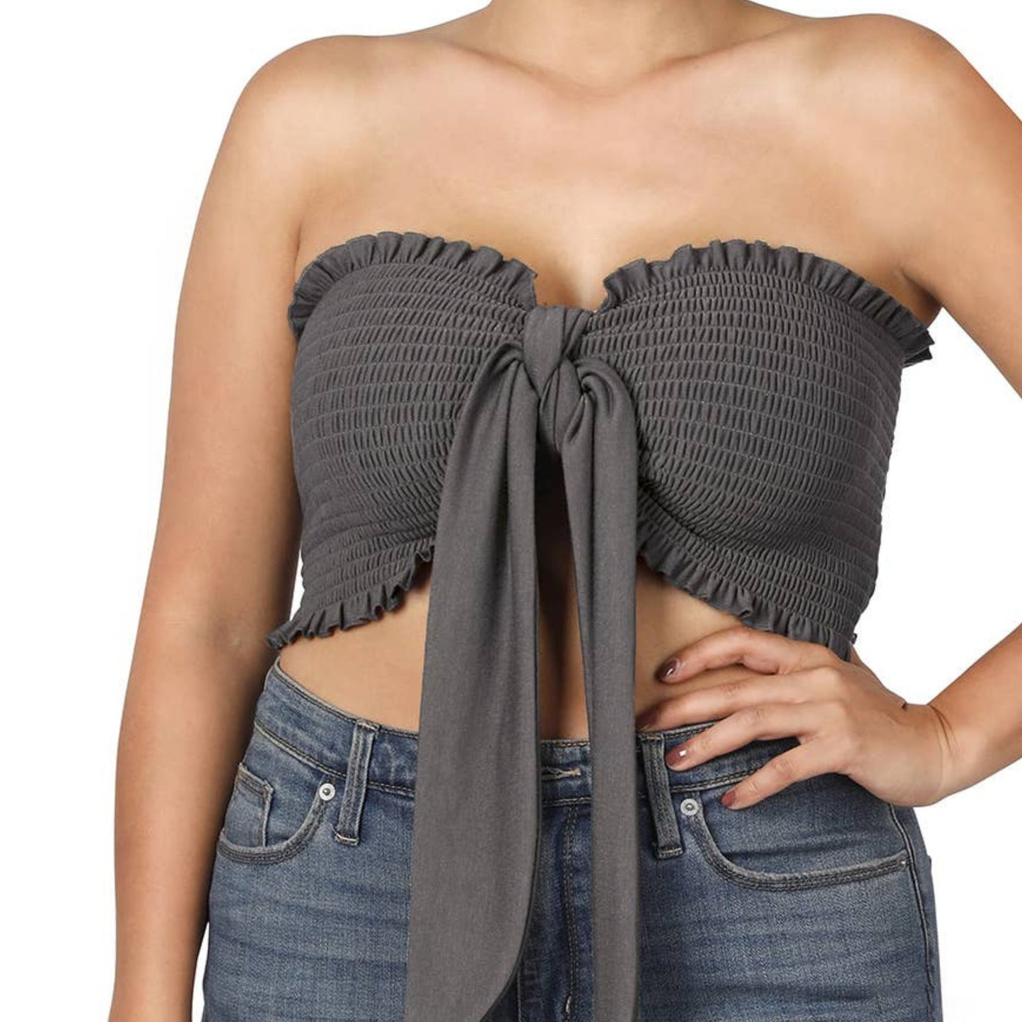 Multi-Way Smocked Bandeau Top in Ash Grey or Dusty Blush | Tie Front Crop Tube Top in Plus & Regular Sizes