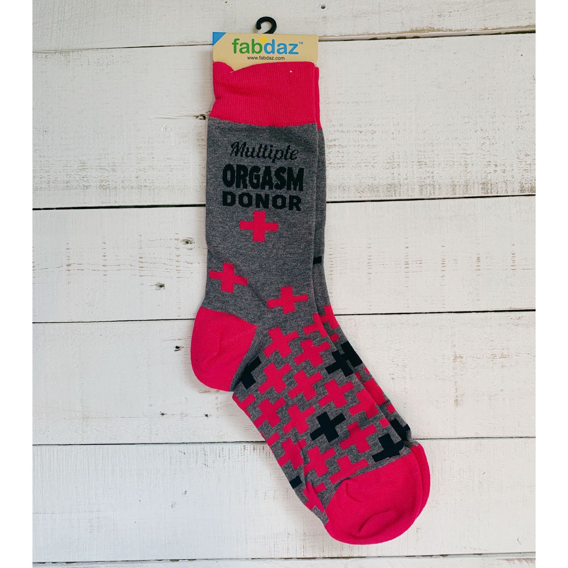 Multiple Orgasm Donor Men's Novelty Crew Socks | Grey and Pink Funny Cotton Socks