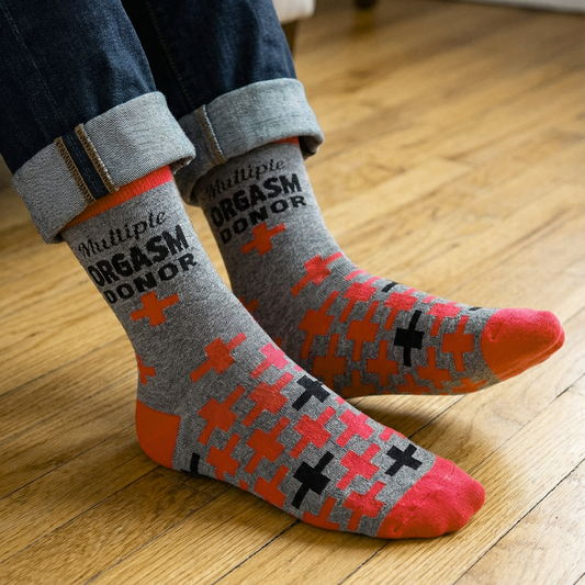 Multiple Orgasm Donor Men's Novelty Crew Socks | Grey and Pink Funny Cotton Socks | Last Call!