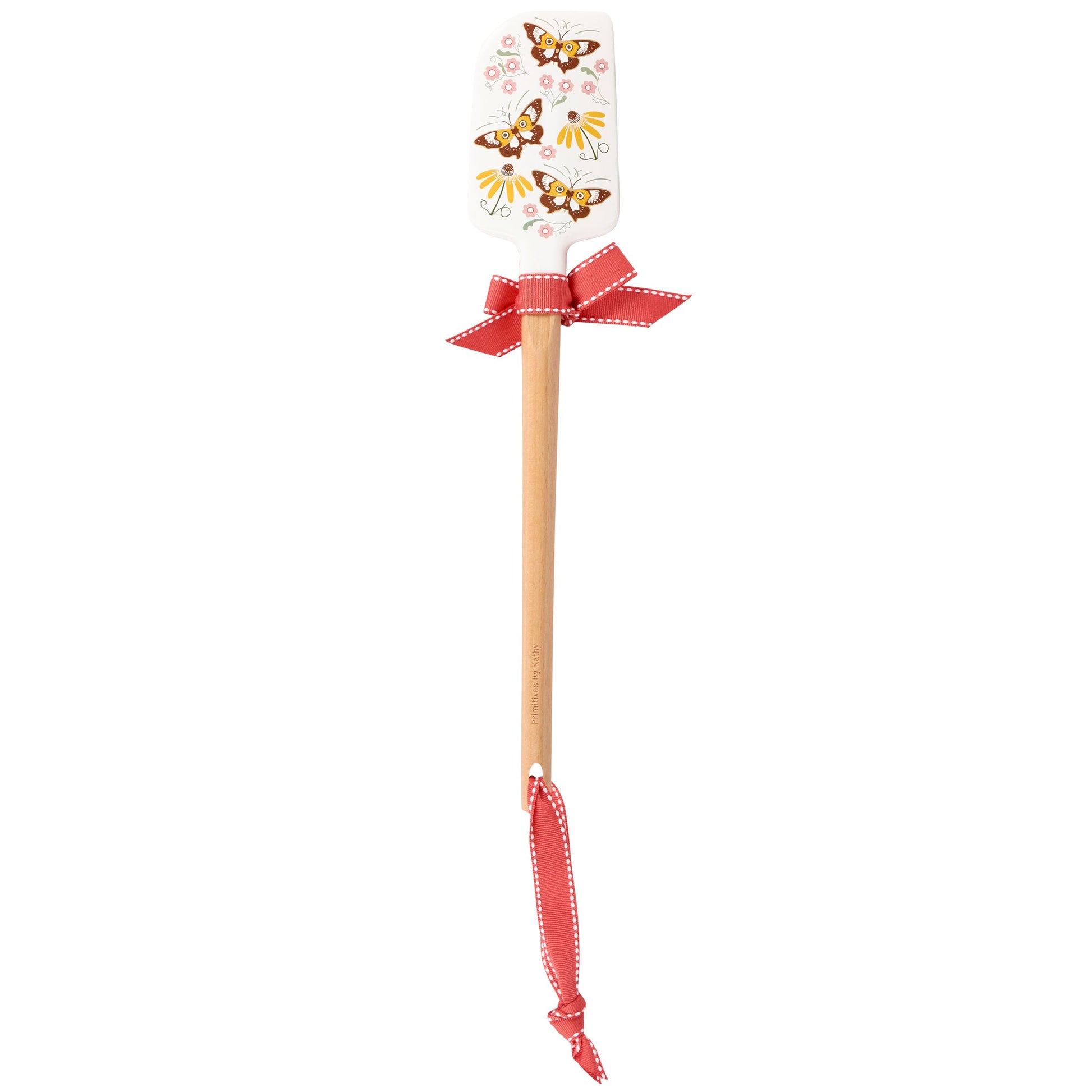 Spatula with butterfly design and red ribbon on a white background