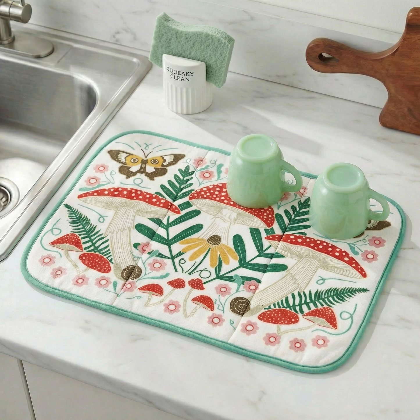 Mushroom Art Ultra-Absorbent Drying Mat | Rustic Nature-themed Dish Drainer Pad | 21" x 14"
