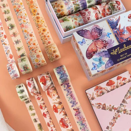Mushroom Butterfly Washi Tape Set | 13 Rolls Floral & Nature Decorative Tape for Journals, Planners & Crafts