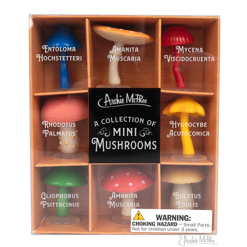 Mushroom Figurines | A Collection of Eight Mini Mushrooms in Box | Freestanding Soft Vinyl Mushroom Decor