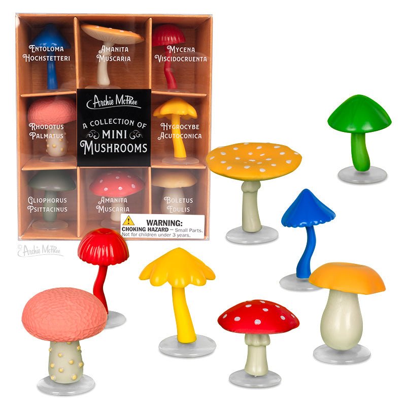 Mushroom Figurines | A Collection of Eight Mini Mushrooms in Box | Freestanding Soft Vinyl Mushroom Decor