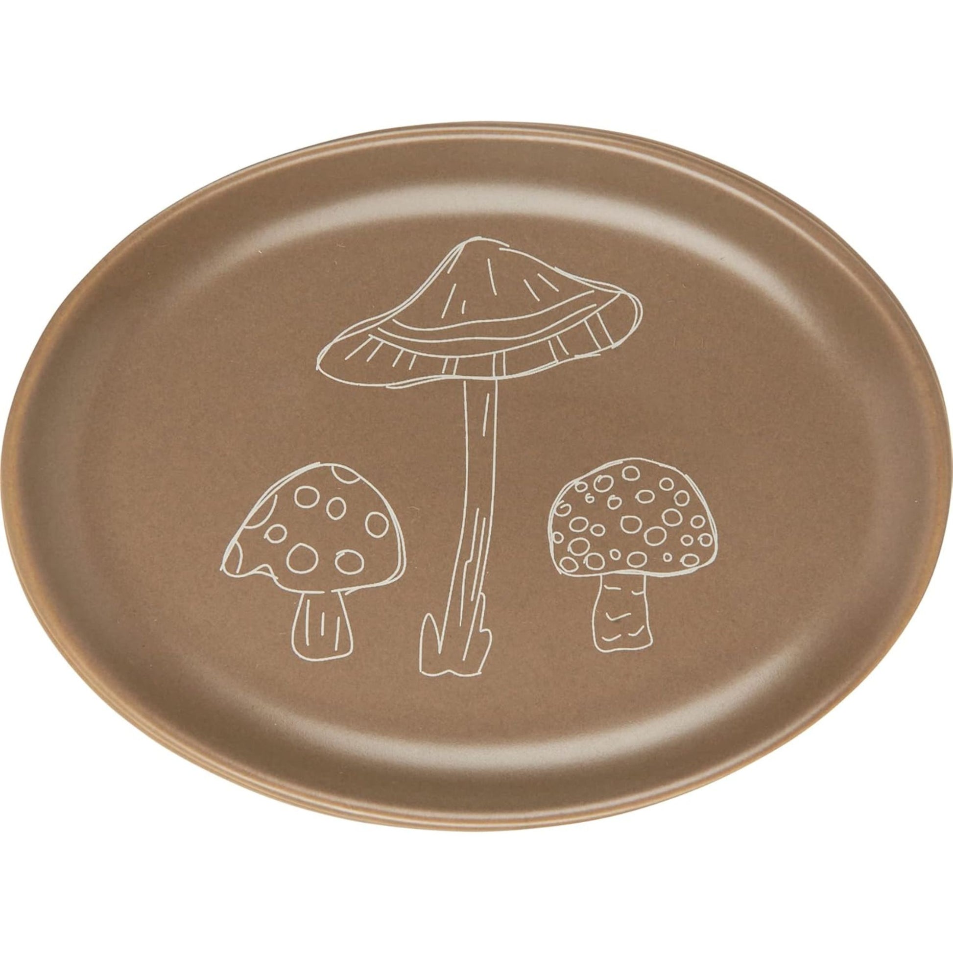 Brown plate with white mushroom illustrations 