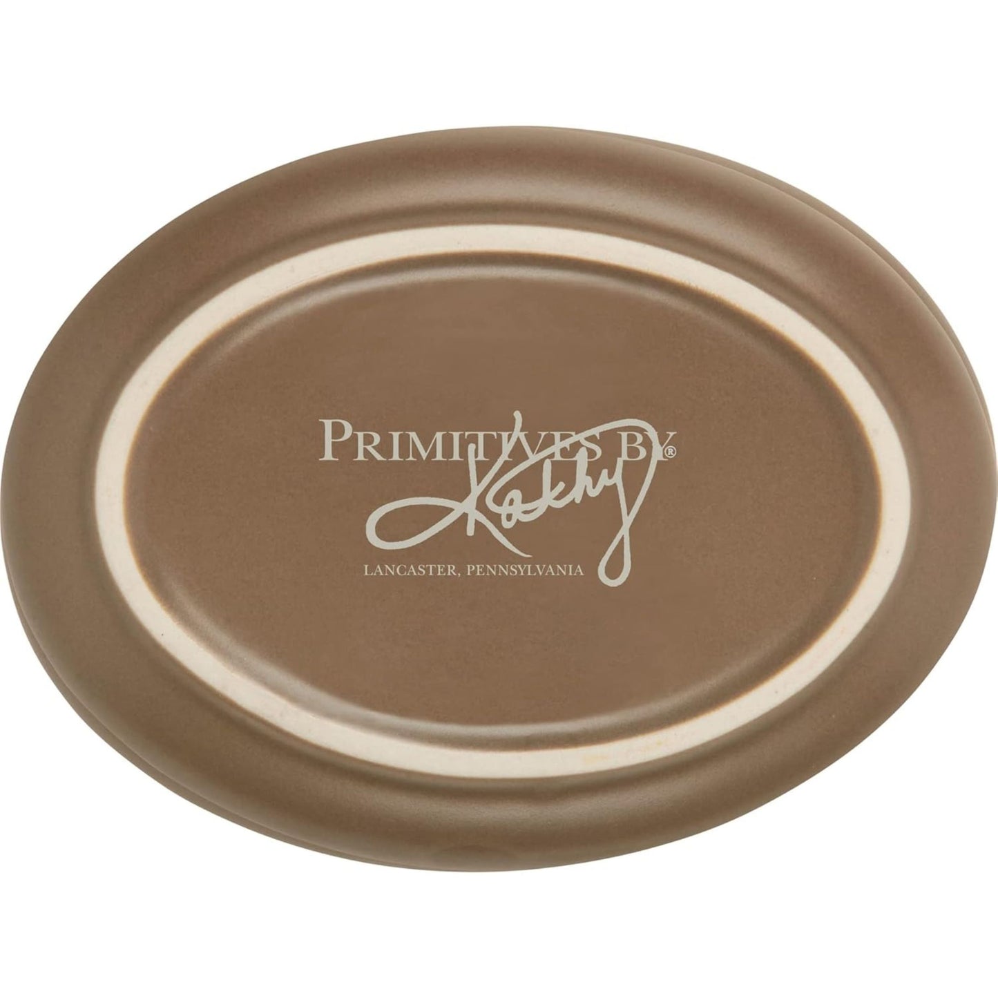 Brown oval platter with 'Primitives by Kathy' logo on a white background